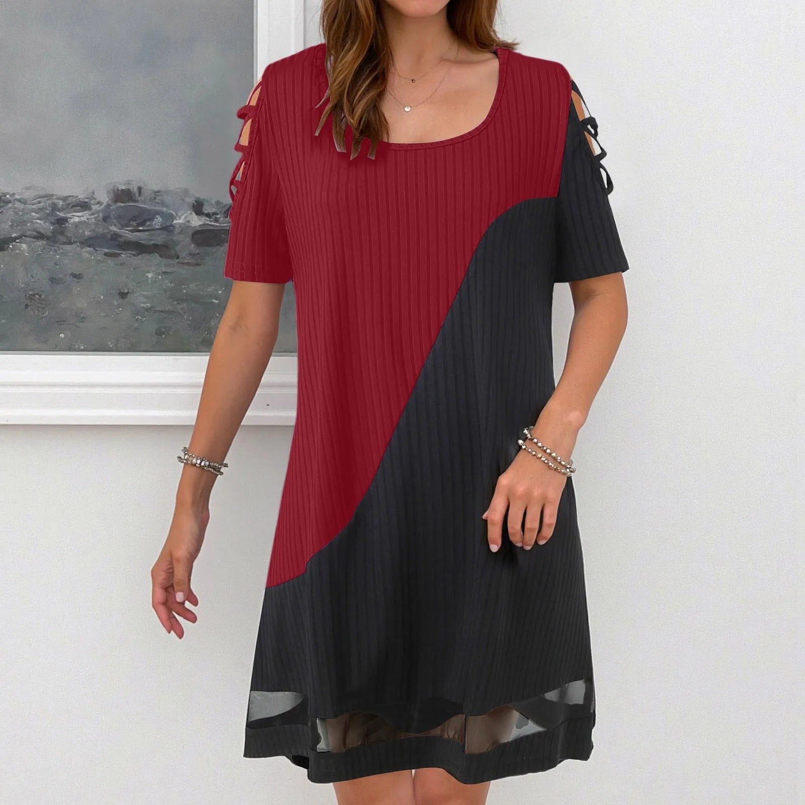 Dresses For Small Women Ladies Temperament Color Blocked Hollow Mesh Mesh Contrasting Formal Dresses For Women Short Length
