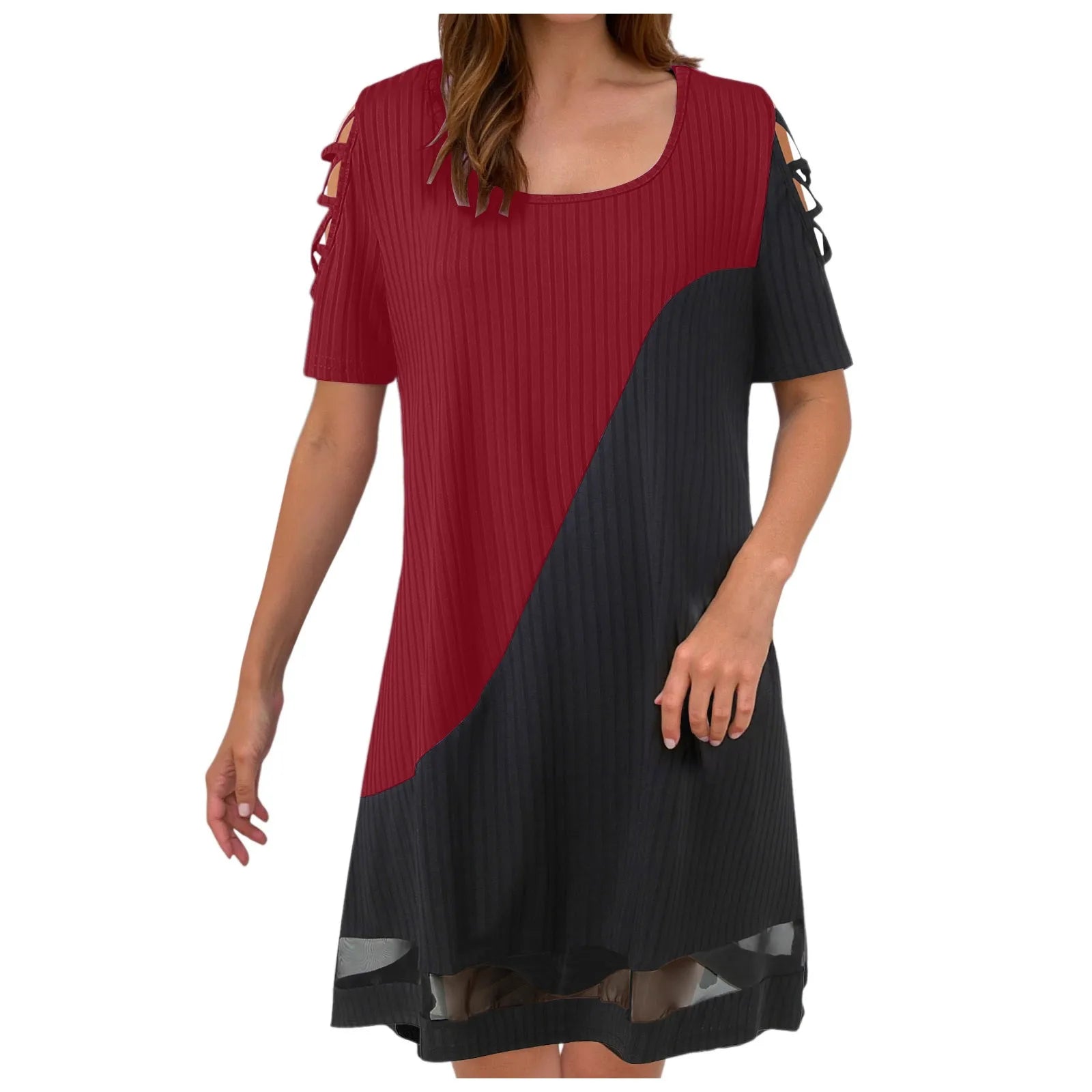 Dresses For Small Women Ladies Temperament Color Blocked Hollow Mesh Mesh Contrasting Formal Dresses For Women Short Length
