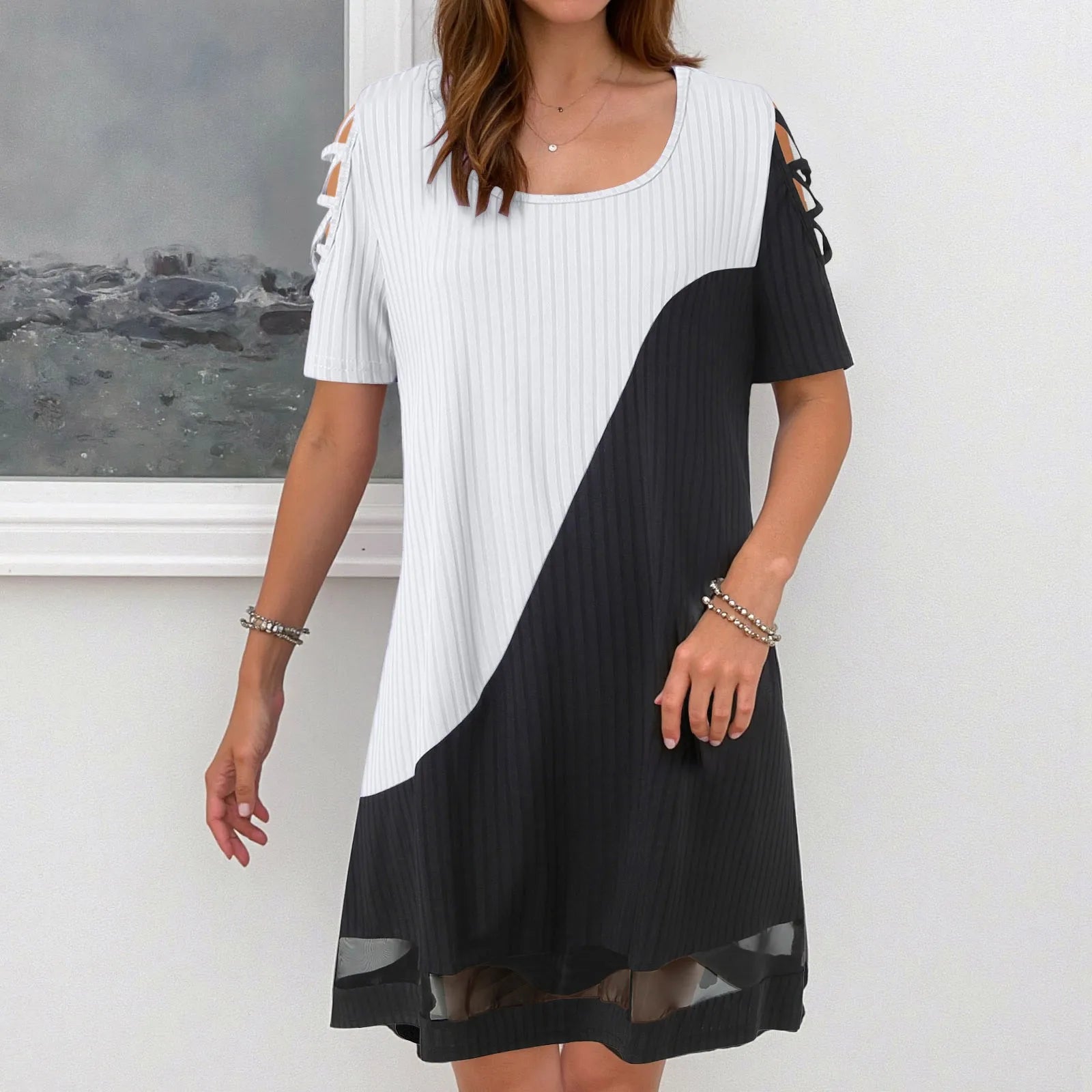 Dresses For Small Women Ladies Temperament Color Blocked Hollow Mesh Mesh Contrasting Formal Dresses For Women Short Length