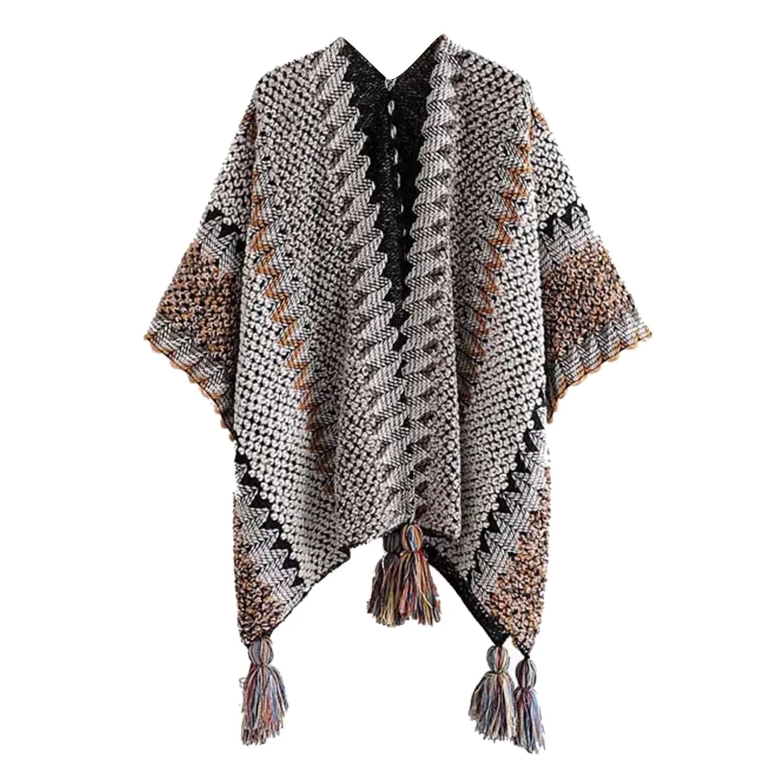 Multifunction Blanket Scarf Wrap Shawl Winter Warm Ethnic Style Shawl Tassel Cardigan Colorful Loose Retro Style Knitted Cape