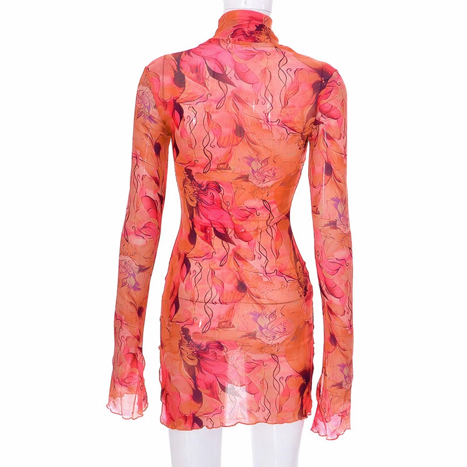 Ladies Mesh Printed Y2k Vintage Dress High Street Slim Elastic Bodycon Party Dress Round Neck Bell Sleeve Side Open Hip Dresses