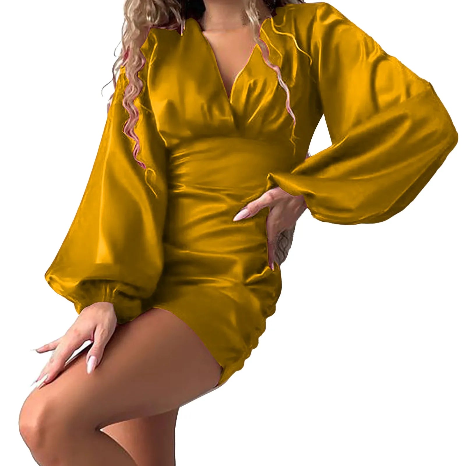 Pleated Lantern Sleeve Cocktail Dress For Women Sexy Package Buttocks Prom Dresses Elegant V Neck Mid Length Dress Ropa De Mujer