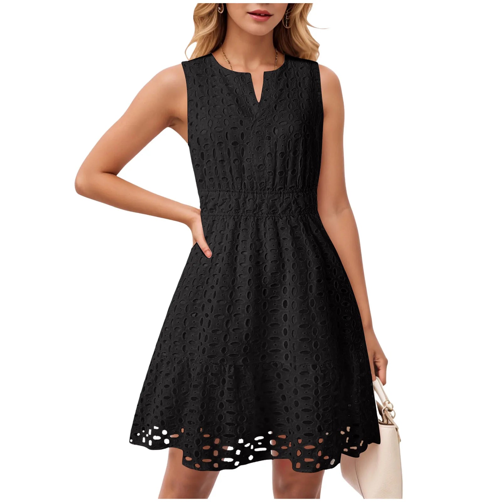 Dress Long Casual For Women Women Summer Sleeveless Dress V Neck Hollow Solid Color High Waist A Line Skirt New Years Outfits