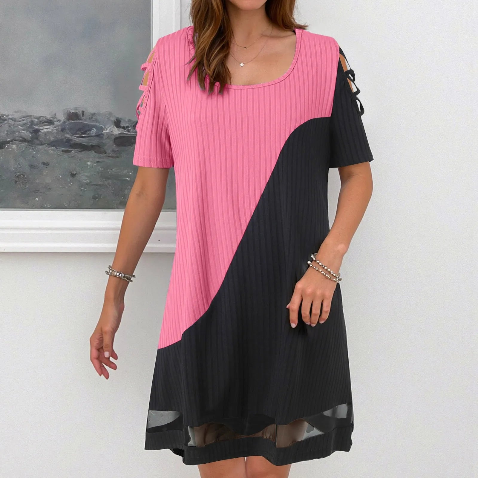 Dresses For Small Women Ladies Temperament Color Blocked Hollow Mesh Mesh Contrasting Formal Dresses For Women Short Length
