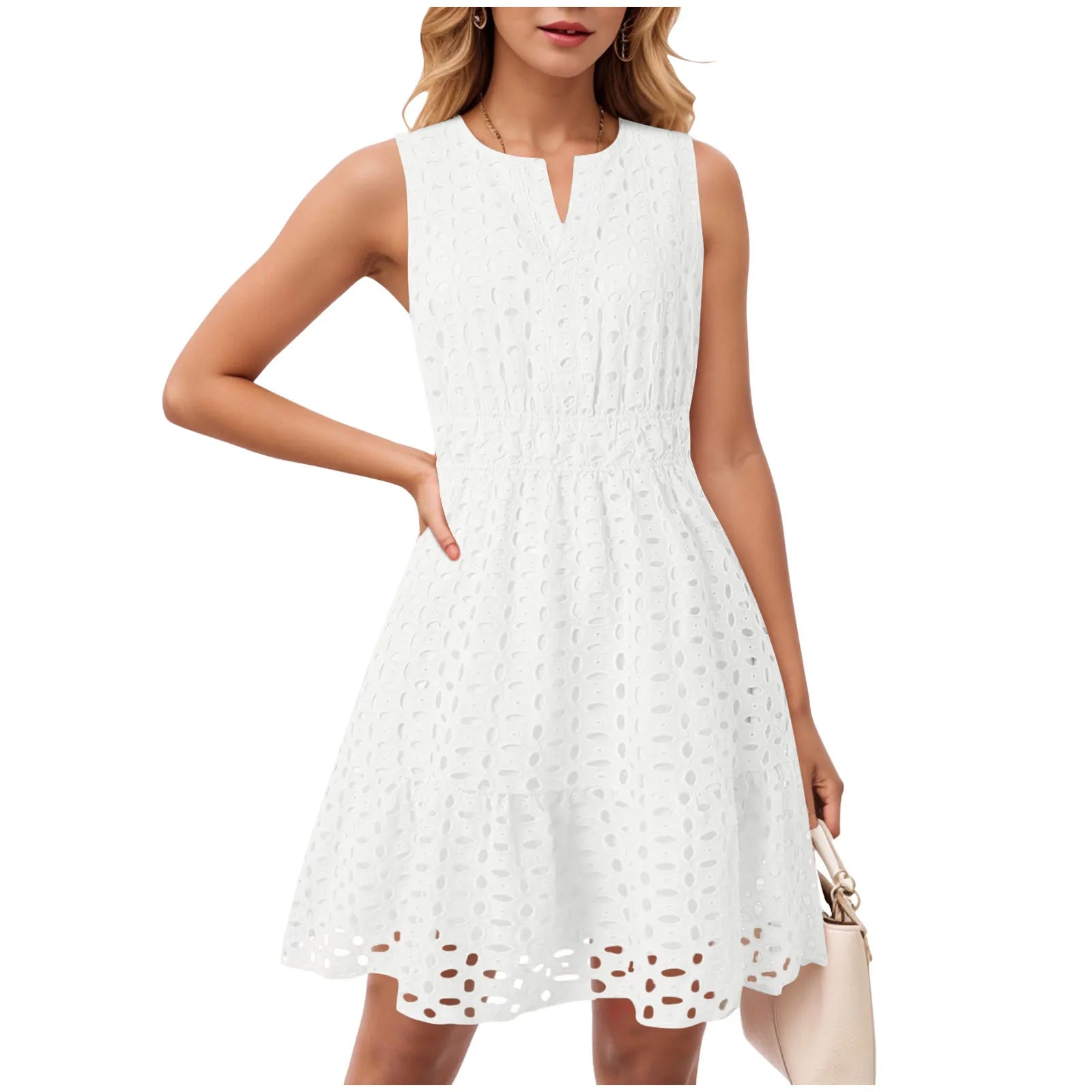 Dress Long Casual For Women Women Summer Sleeveless Dress V Neck Hollow Solid Color High Waist A Line Skirt New Years Outfits