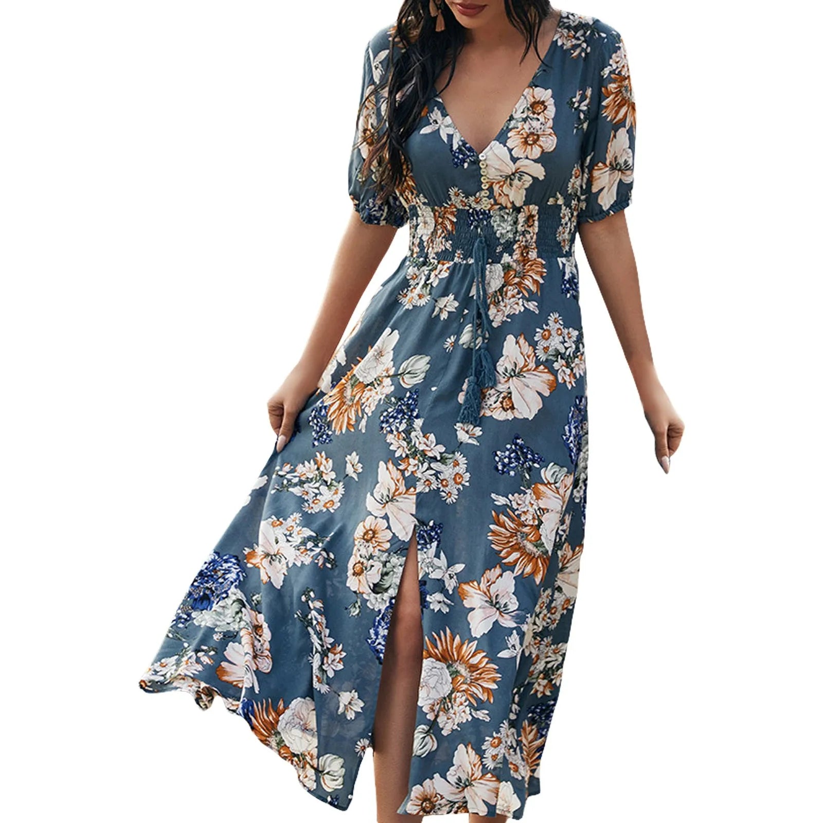 Floral Printing V Neck Holiday Style Dress Formal Dresses For Wedding Guest Side High Slit Middle Sleeves Long Dresses платье