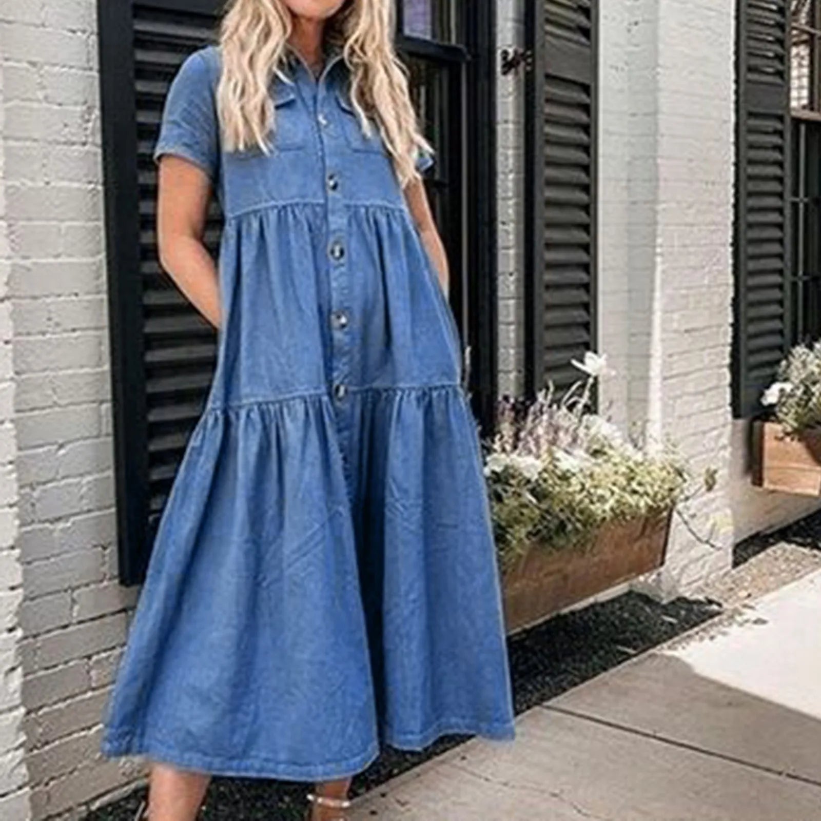 Casual Denim Dresses For Weddings As A Guest Formal Lengthen Solid Color Short Sleeves Dress With Pockets Turndown Collar Dress