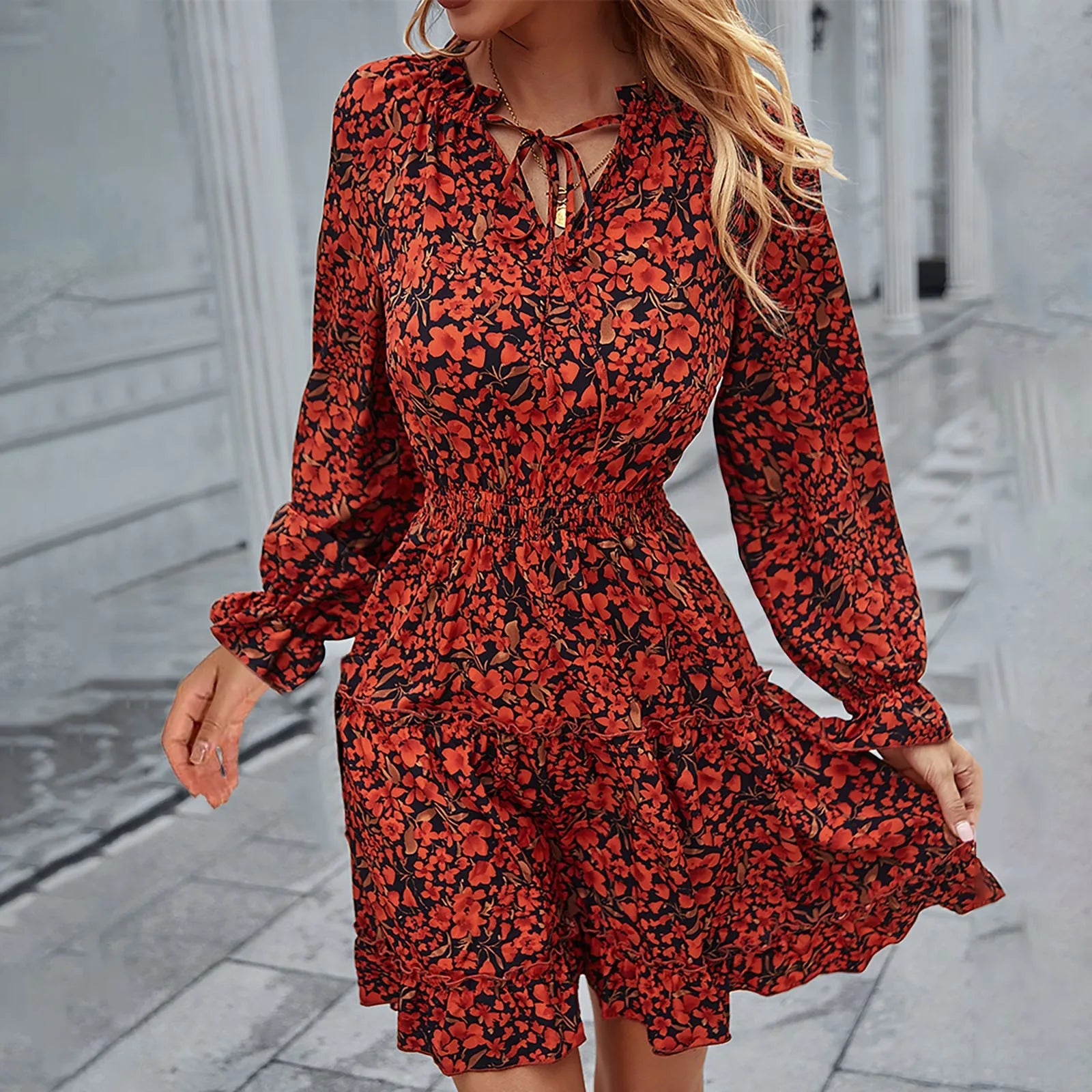 New In Plus Size Mini Dress Cocktail Evening Floral Print Long Sleeve Crewneck Ruffle Short Dresses Evening Party Dresses