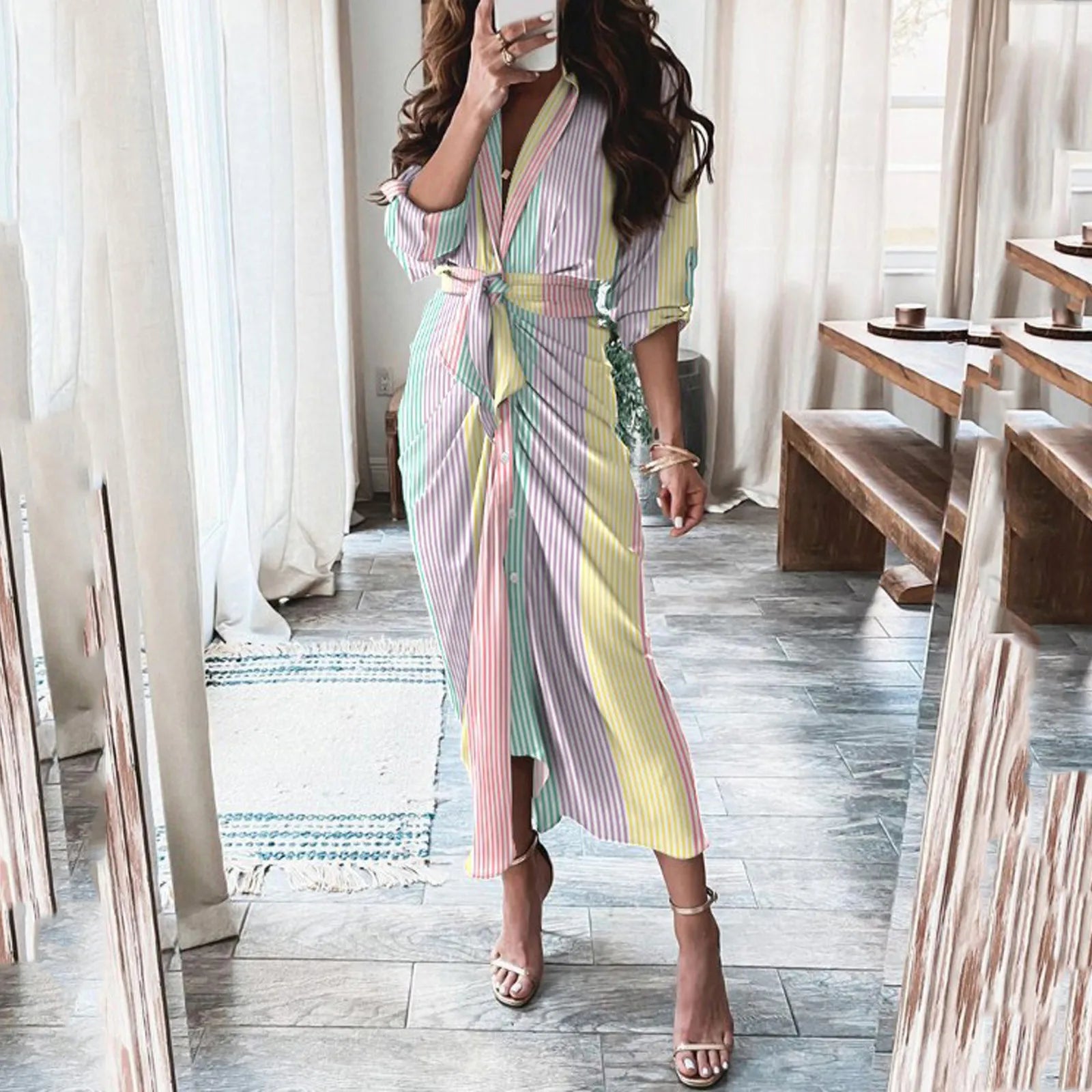 Beach Style Print Long Dress With Belted Waist And Single Breasted Long Sleeves Dresses For Women 2023 Casual летнее платье