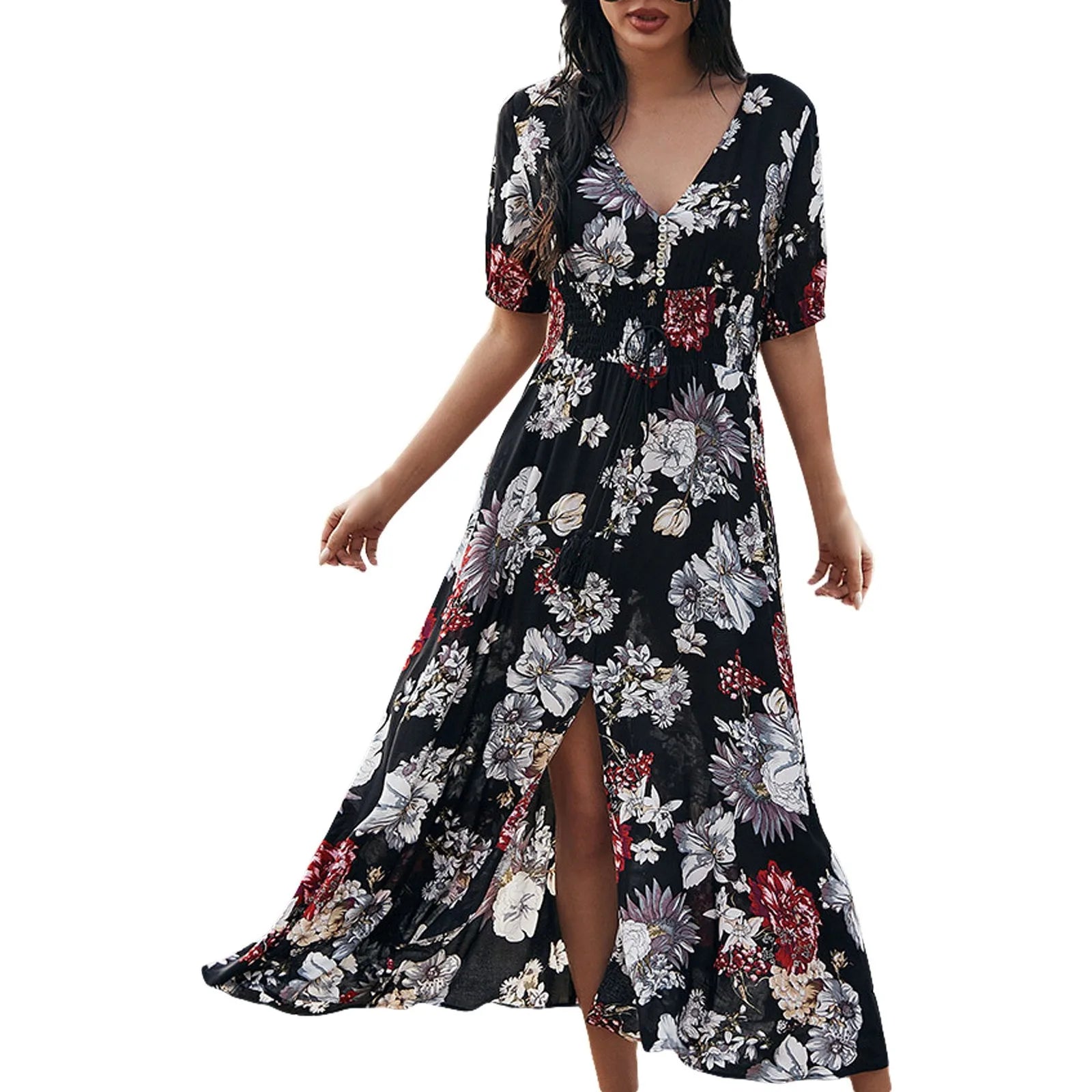 Floral Printing V Neck Holiday Style Dress Formal Dresses For Wedding Guest Side High Slit Middle Sleeves Long Dresses платье