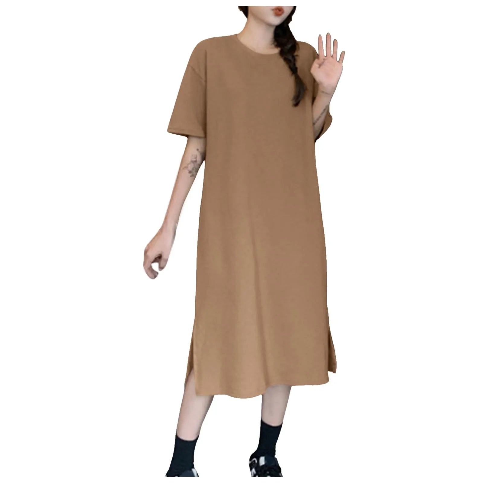 Summer New Loose Solid Color Dress Large Size Short Sleeved Casual Soft Dresses For Women Over The Knee Slit T Shirt Dress 원피스