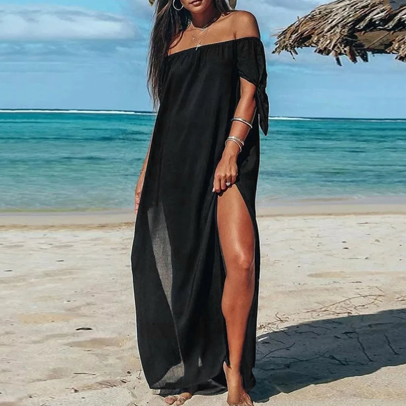 Women Off Shoulder Knotted Short Sleeved Dress For Women Elegant Sexy Clothing Off Shoulder High Slit Short Sleeves Long Dresses
