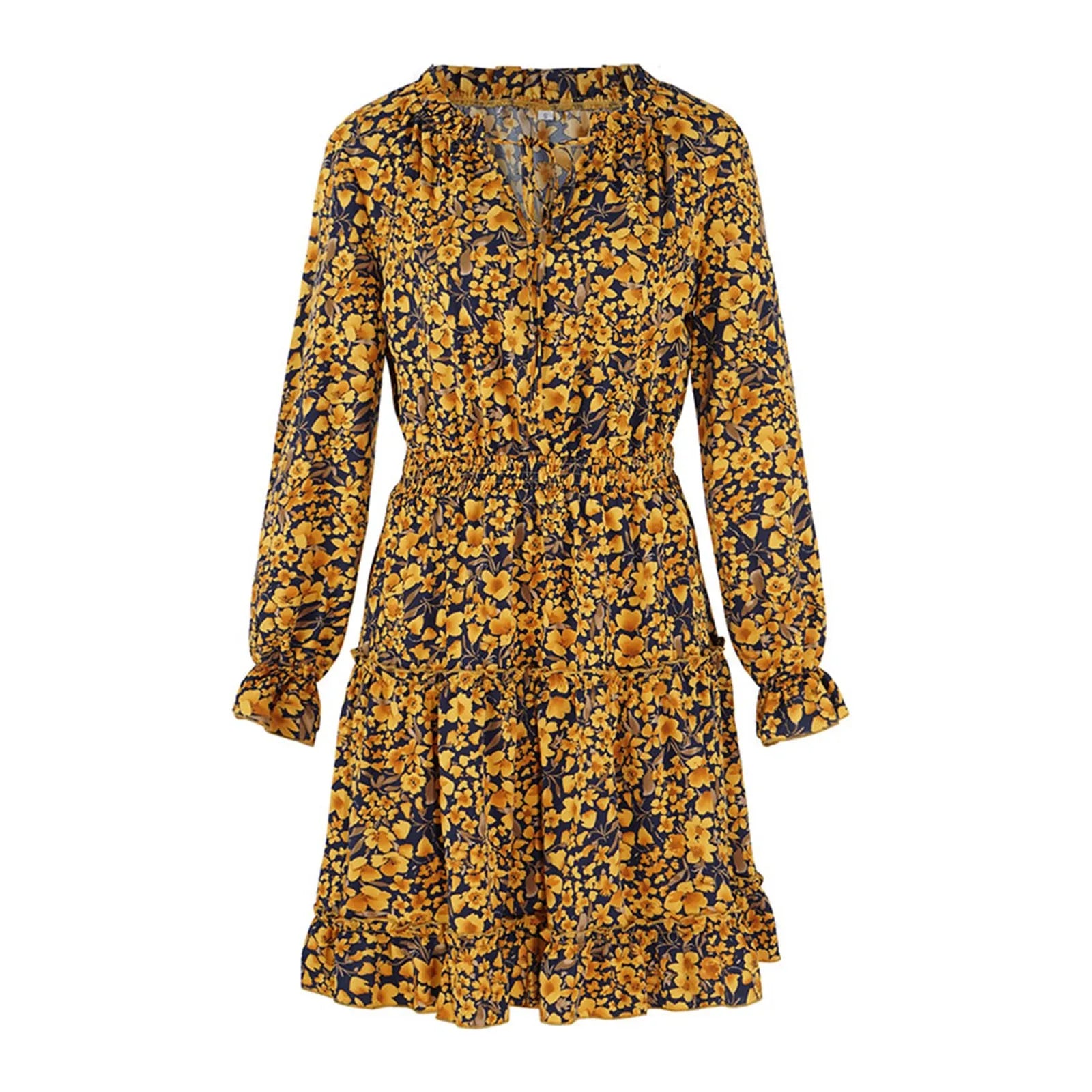 New In Plus Size Mini Dress Cocktail Evening Floral Print Long Sleeve Crewneck Ruffle Short Dresses Evening Party Dresses