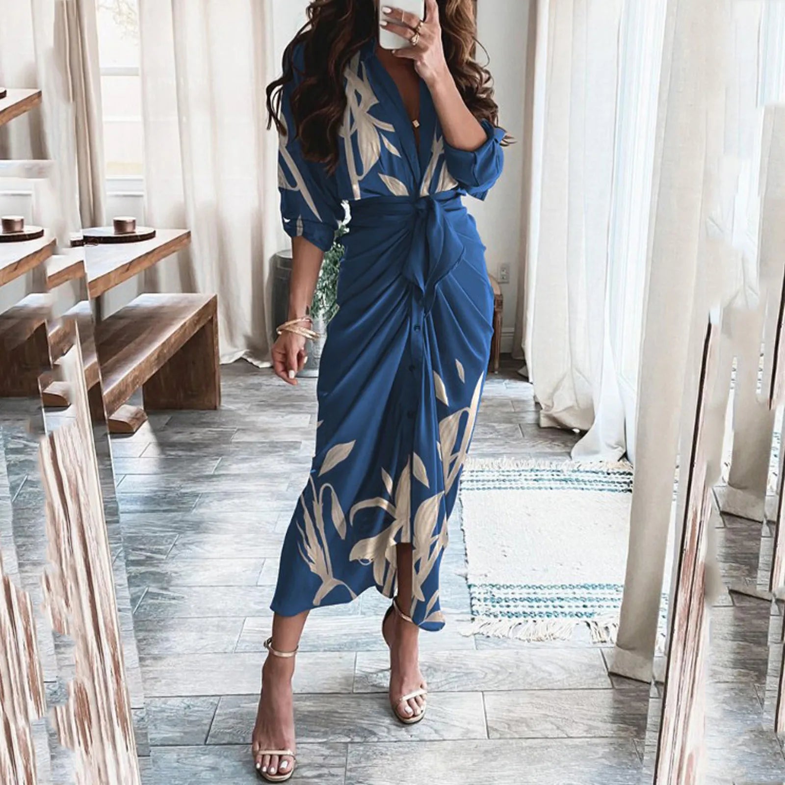 Beach Style Print Long Dress With Belted Waist And Single Breasted Long Sleeves Dresses For Women 2023 Casual летнее платье