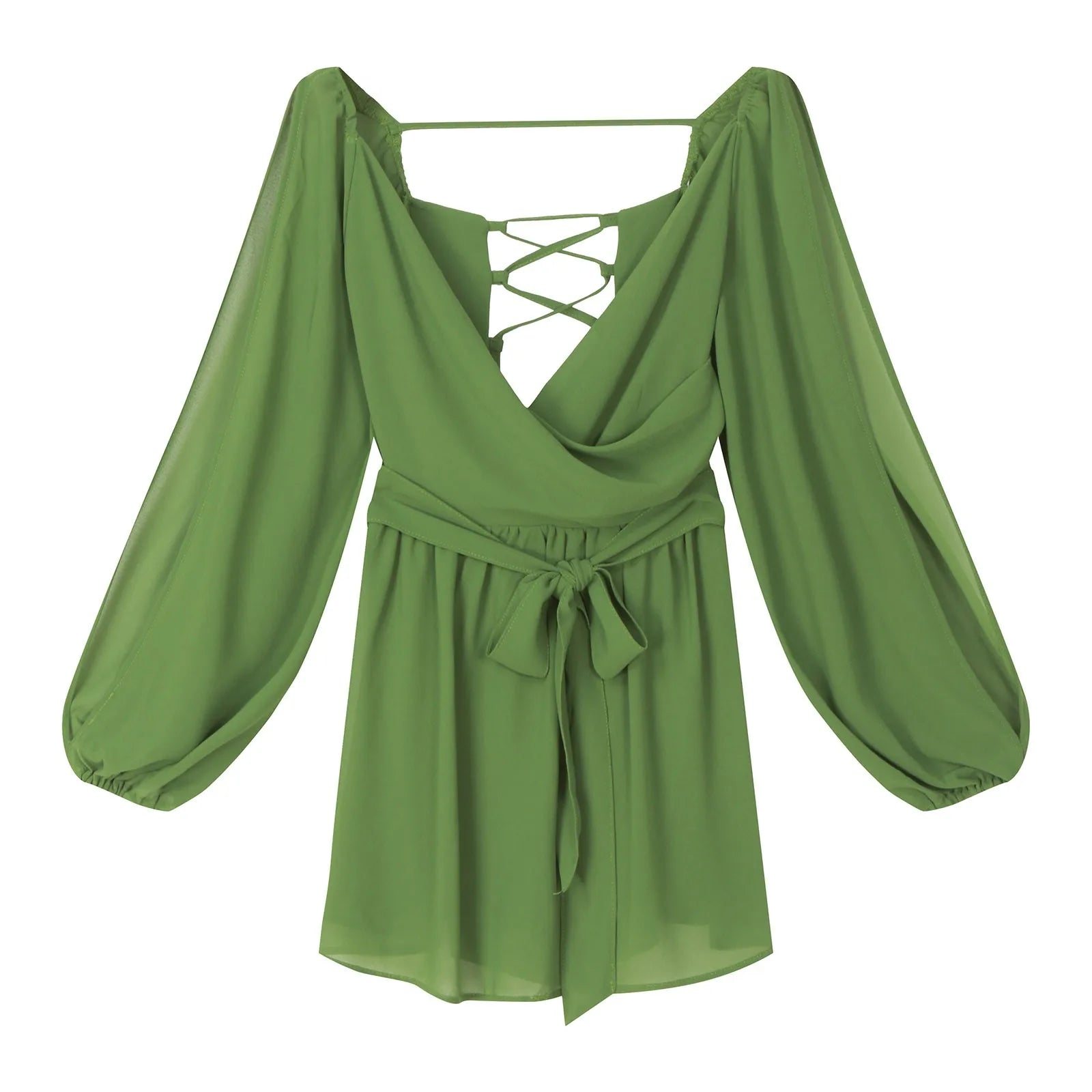Backless Chiffon Sundress Sexy Hot Girl Dress Hollow Long Sleeve Off Shoulder Dress V Neck Slim Waist Swing Mini Dresses платье