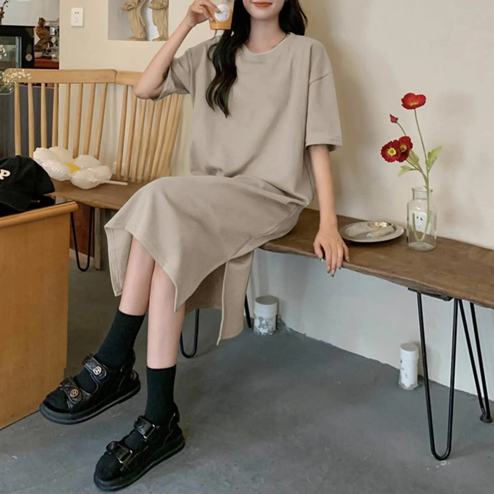 Summer New Loose Solid Color Dress Large Size Short Sleeved Casual Soft Dresses For Women Over The Knee Slit T Shirt Dress 원피스