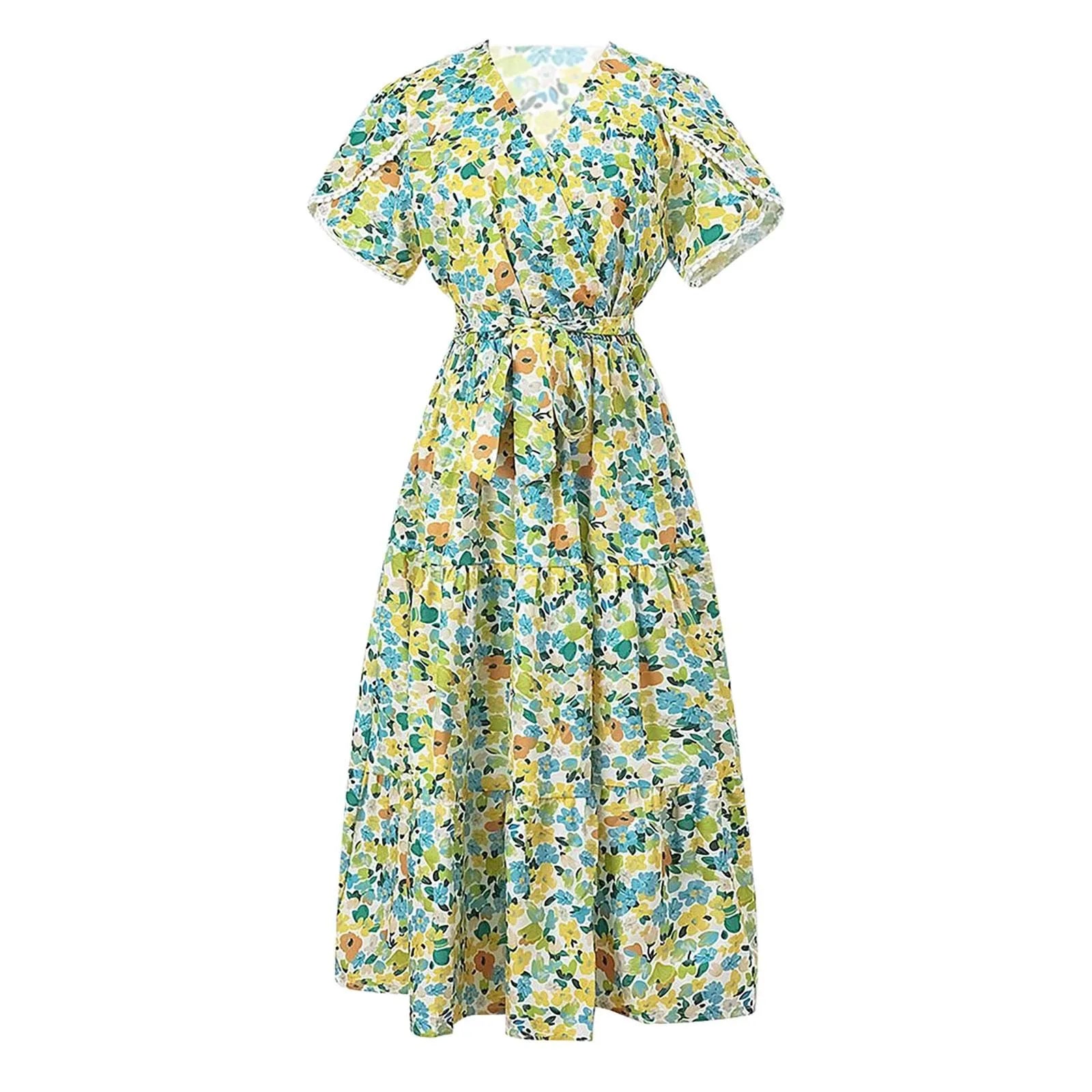 A Line Bohemian Ladies Dresses Summer Sale Floral V Neck Short Sleeve Belted Ruffle Hem Midi Dresses For Women Plus Size