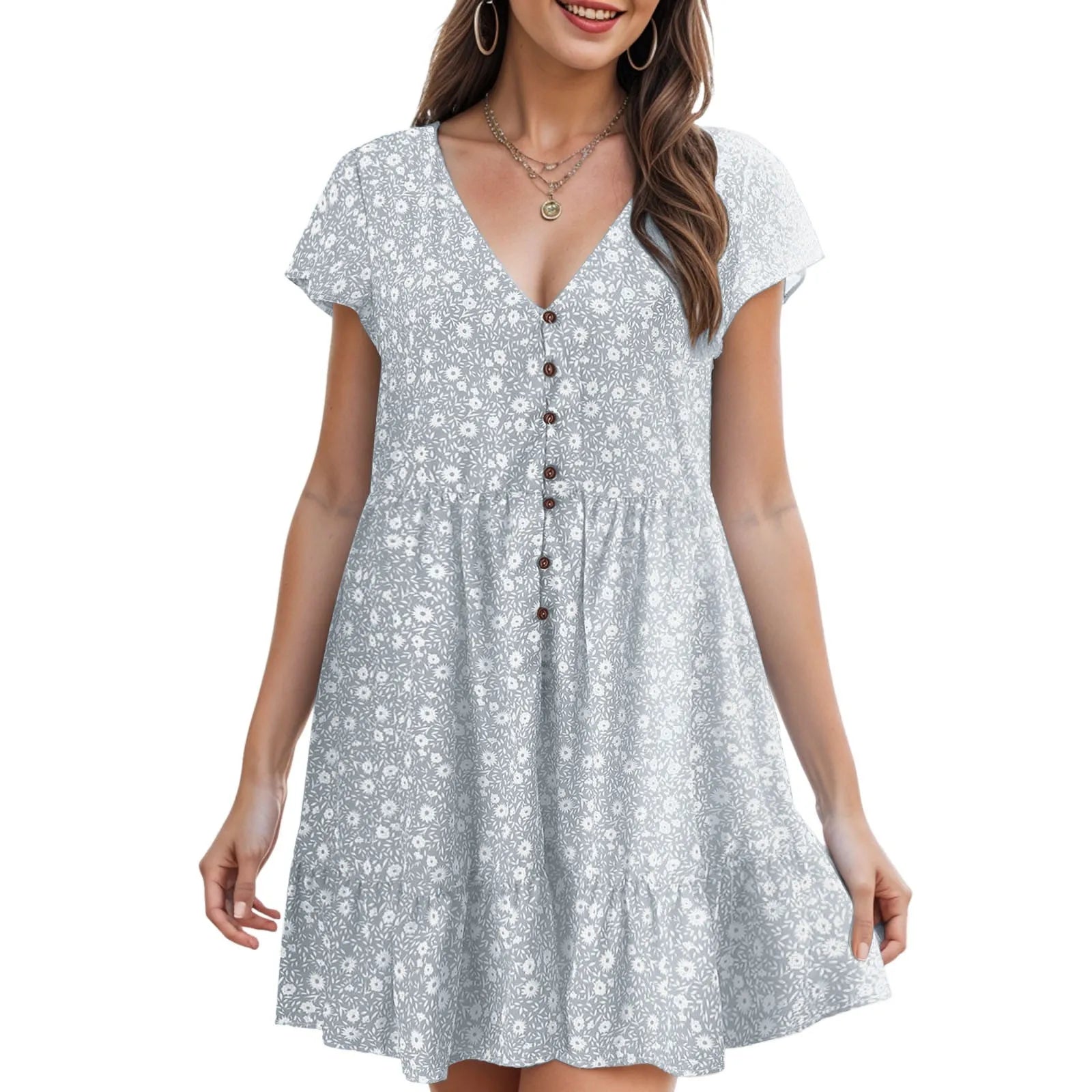 Summer Korean New Small Floral Dress Casual V Neck Button Dress For Women Short Sleeved Loose T Shirt Dresses Vestidos De Fiesta