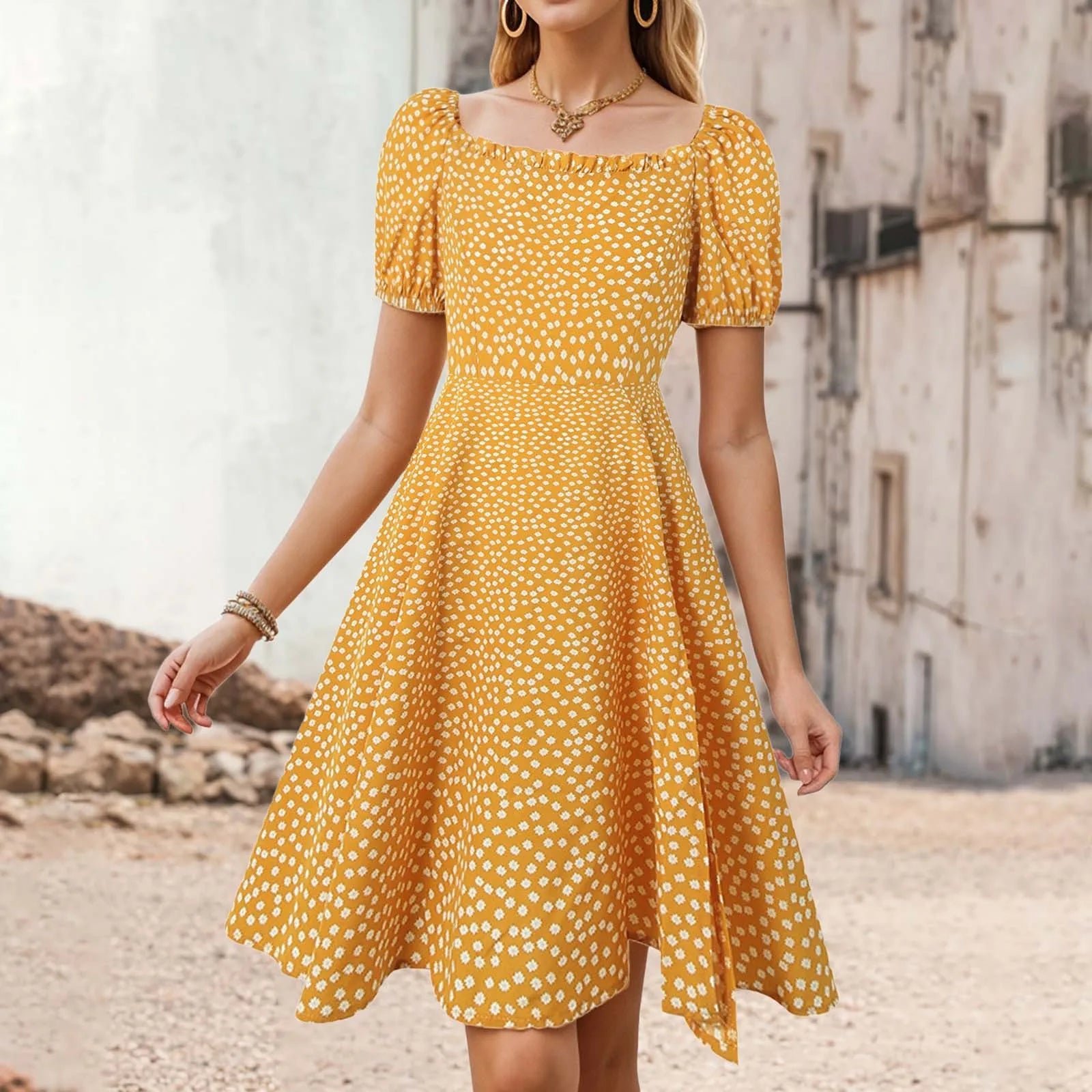 Body Midi Dresses For Women Square Neck Bubble Sleeves Floral Sexy Dress Short Sleeved Semi Formal Dress Teen Vestidos De Fiesta