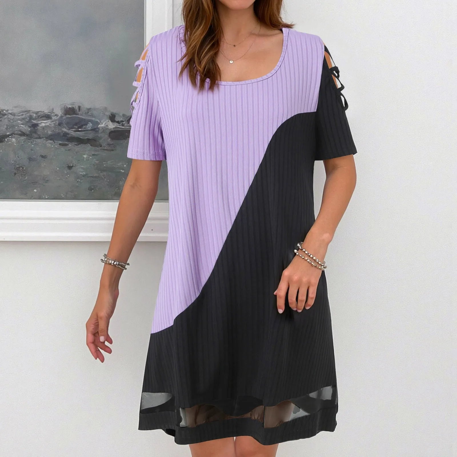 Dresses For Small Women Ladies Temperament Color Blocked Hollow Mesh Mesh Contrasting Formal Dresses For Women Short Length