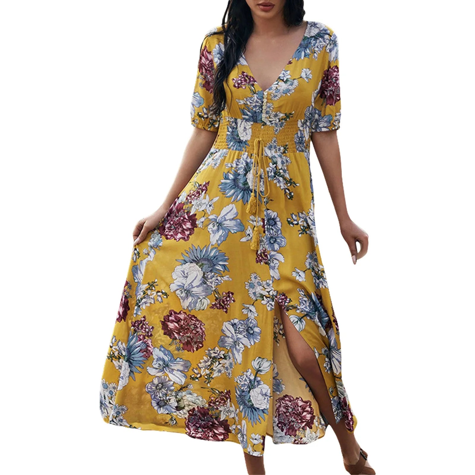 Floral Printing V Neck Holiday Style Dress Formal Dresses For Wedding Guest Side High Slit Middle Sleeves Long Dresses платье