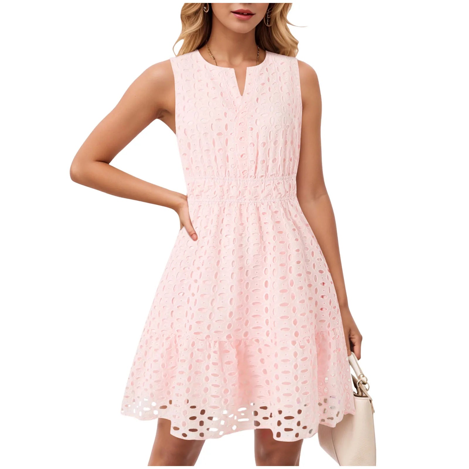 Dress Long Casual For Women Women Summer Sleeveless Dress V Neck Hollow Solid Color High Waist A Line Skirt New Years Outfits