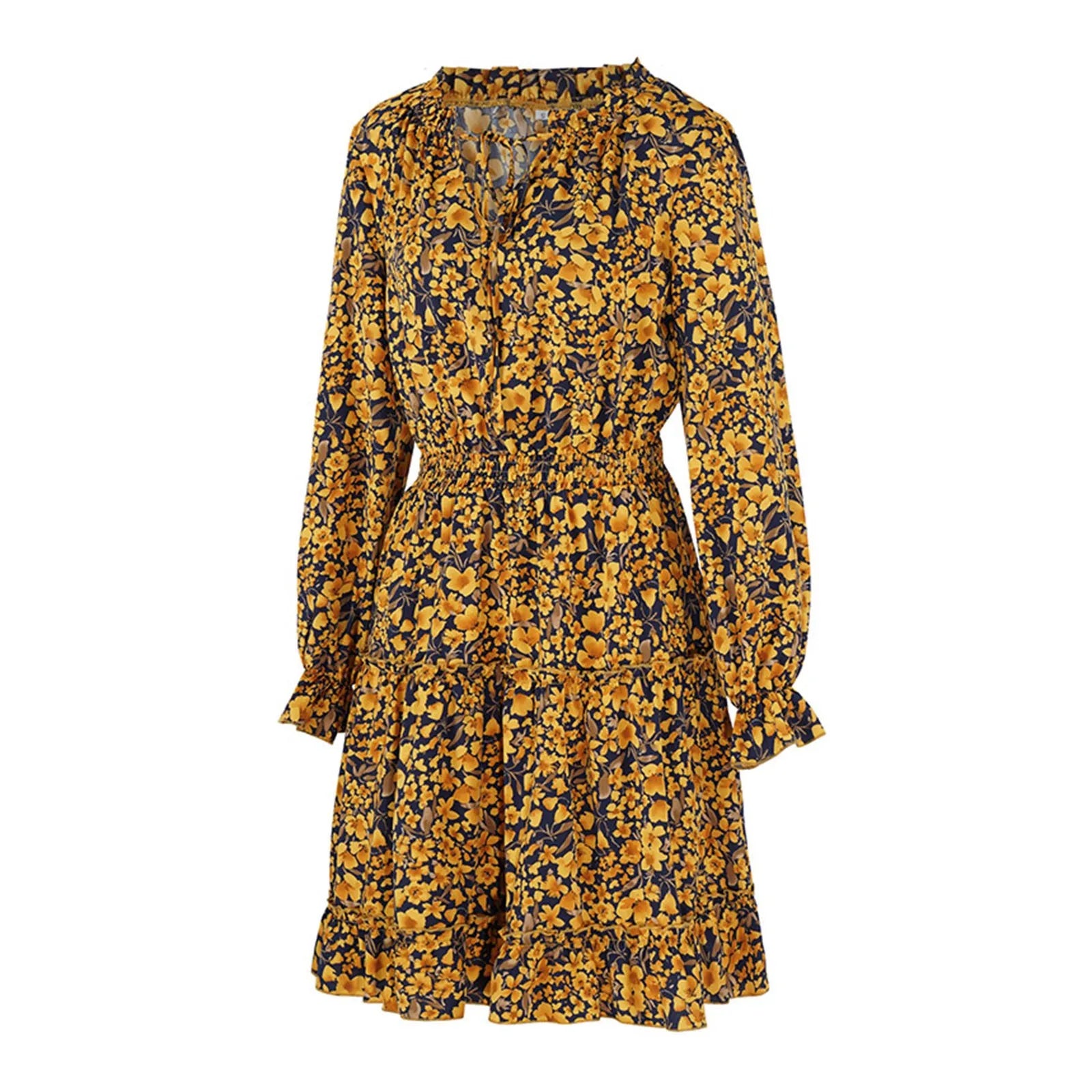 New In Plus Size Mini Dress Cocktail Evening Floral Print Long Sleeve Crewneck Ruffle Short Dresses Evening Party Dresses