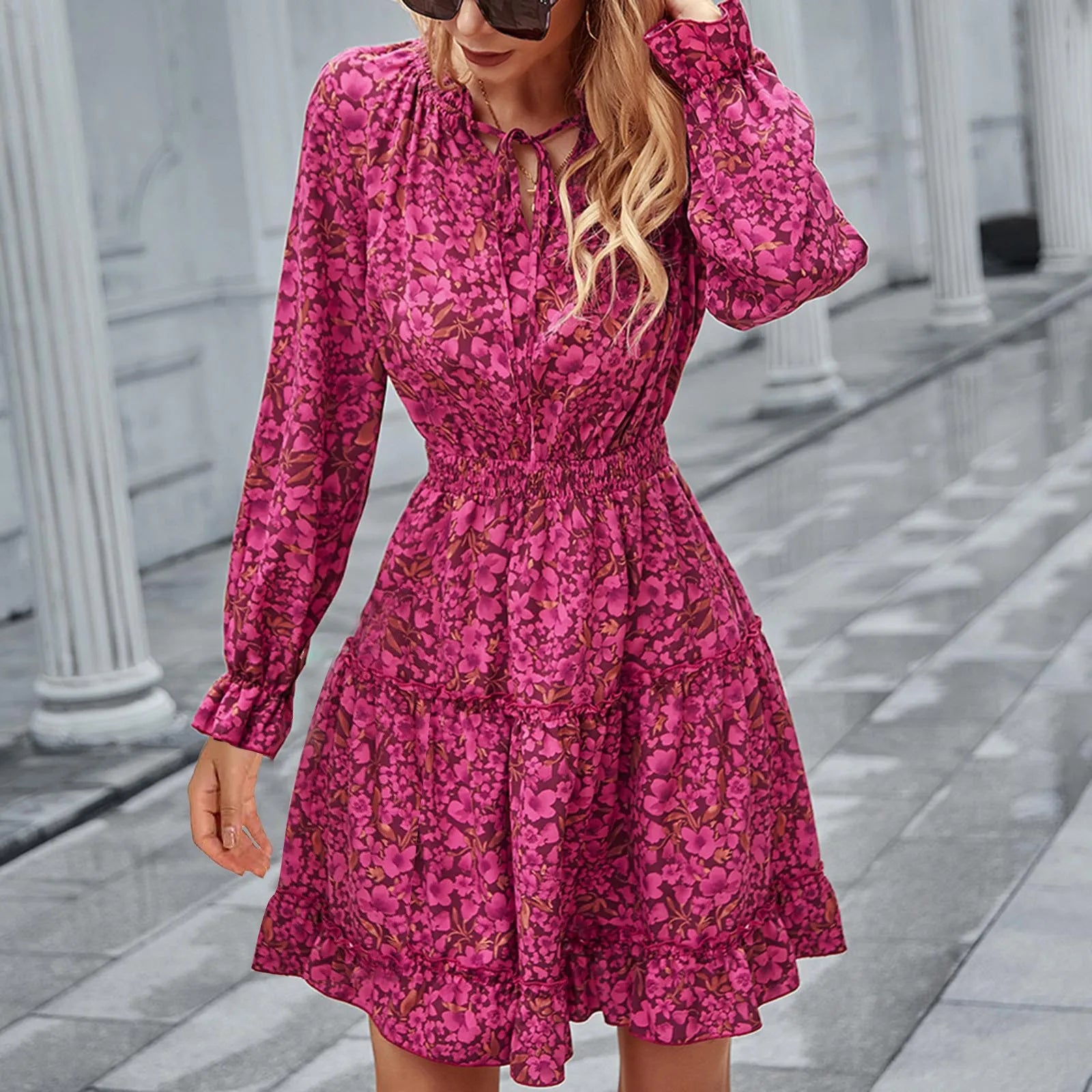 New In Plus Size Mini Dress Cocktail Evening Floral Print Long Sleeve Crewneck Ruffle Short Dresses Evening Party Dresses