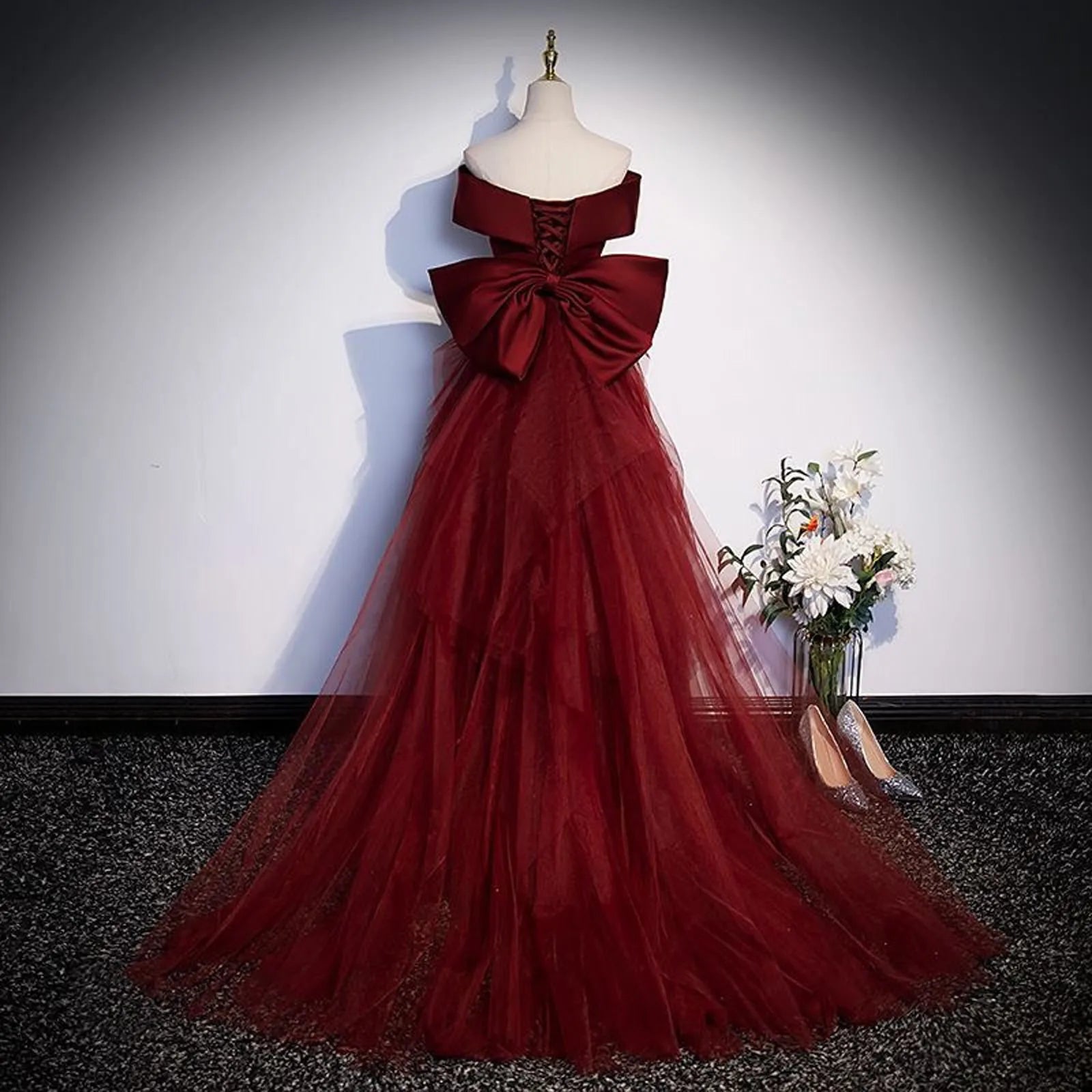 One Shoulder Trumpet Long Dresses Wine Red Evening Gown Dress Back Big Bow Light Gauze Wedding Dress For Women Vestido Feminino