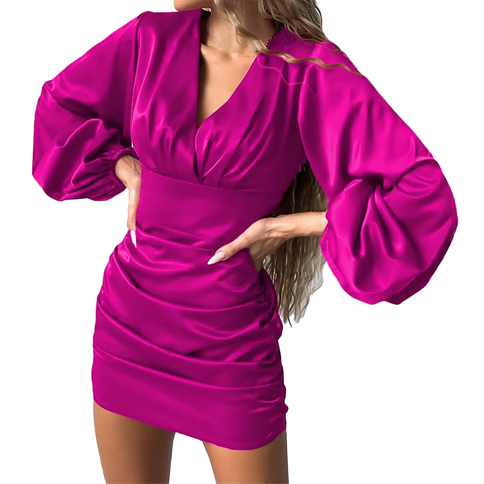 Pleated Lantern Sleeve Cocktail Dress For Women Sexy Package Buttocks Prom Dresses Elegant V Neck Mid Length Dress Ropa De Mujer