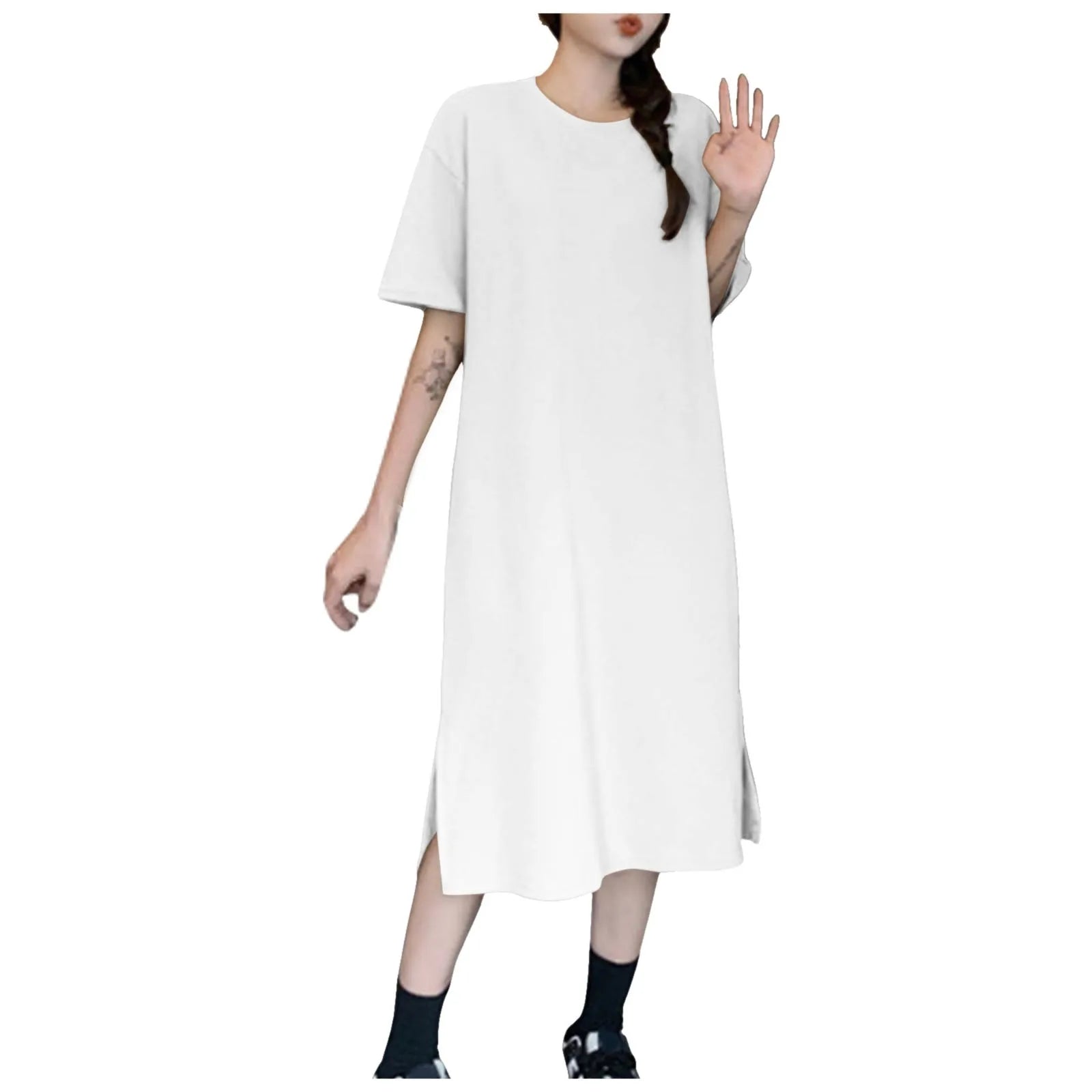 Summer New Loose Solid Color Dress Large Size Short Sleeved Casual Soft Dresses For Women Over The Knee Slit T Shirt Dress 원피스