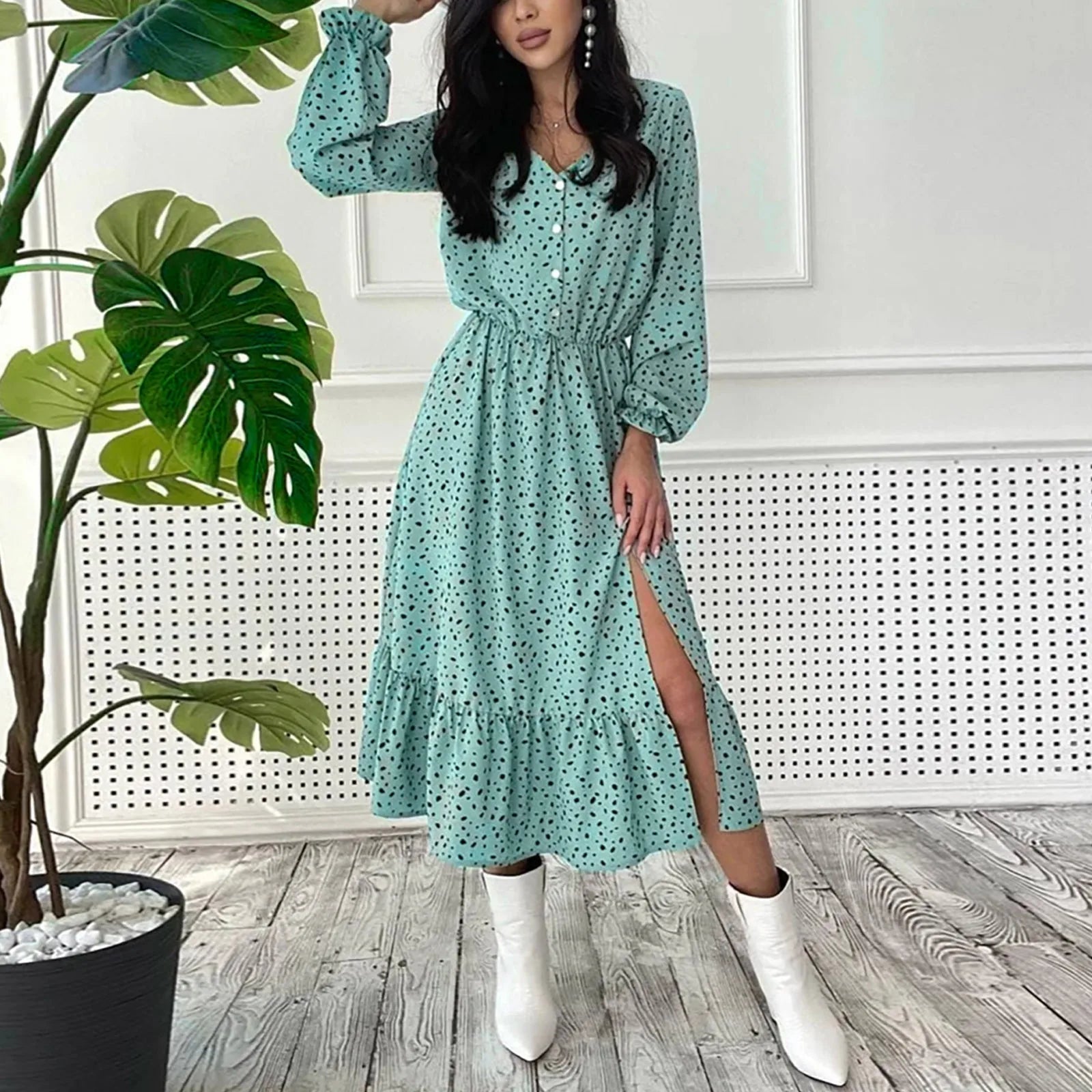 Dresses Ladies Elegant Ruffle Long Sleeve Polka Dot V Neck Button Chiffon Dresses Boho A Line Long Dresses Woman'S Dresses