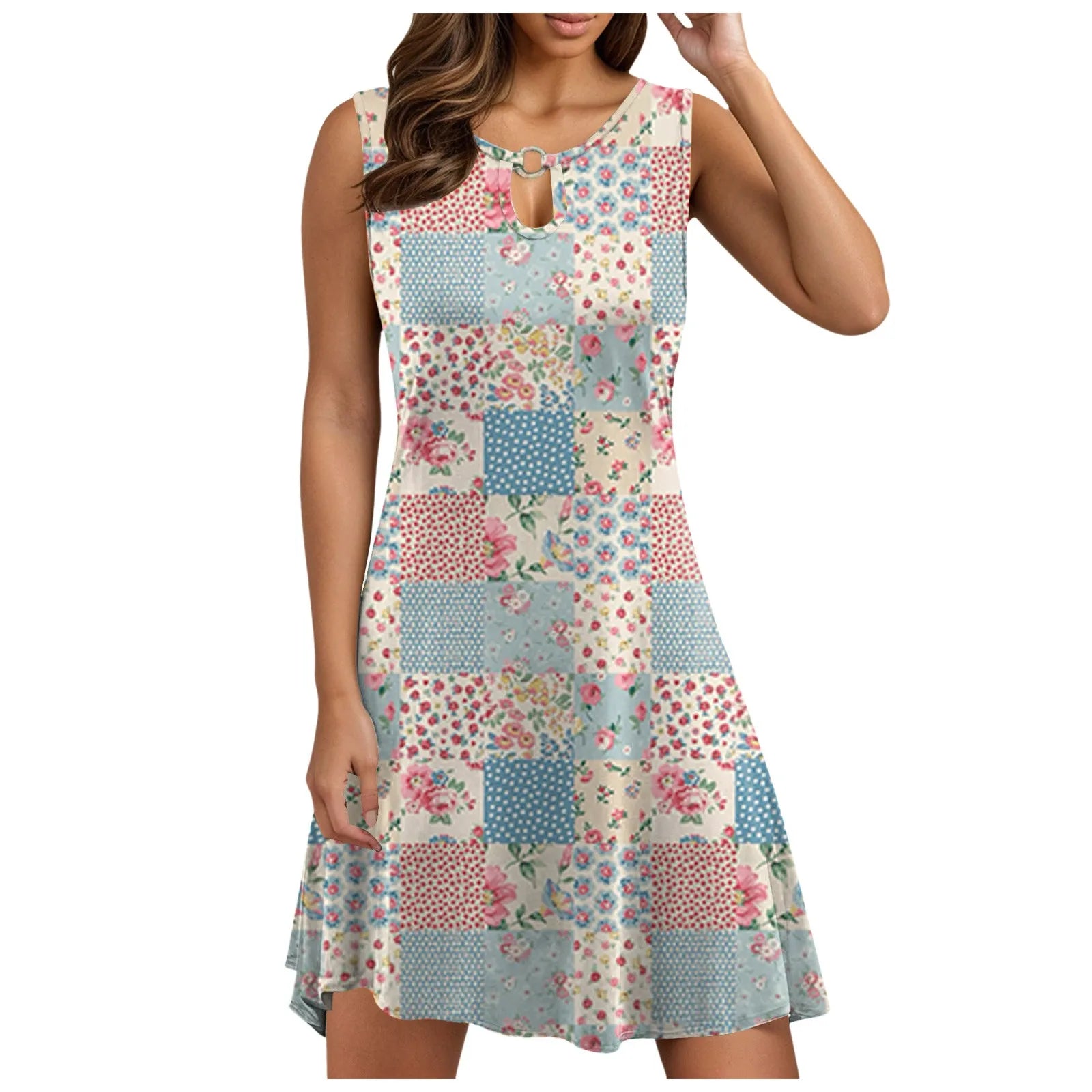 Vintage Floral Pattern Dresses For Juniors Loop Sleeveless Round Neck Beach Dress Womens Collar Buckle A Line Dresses Vestidos