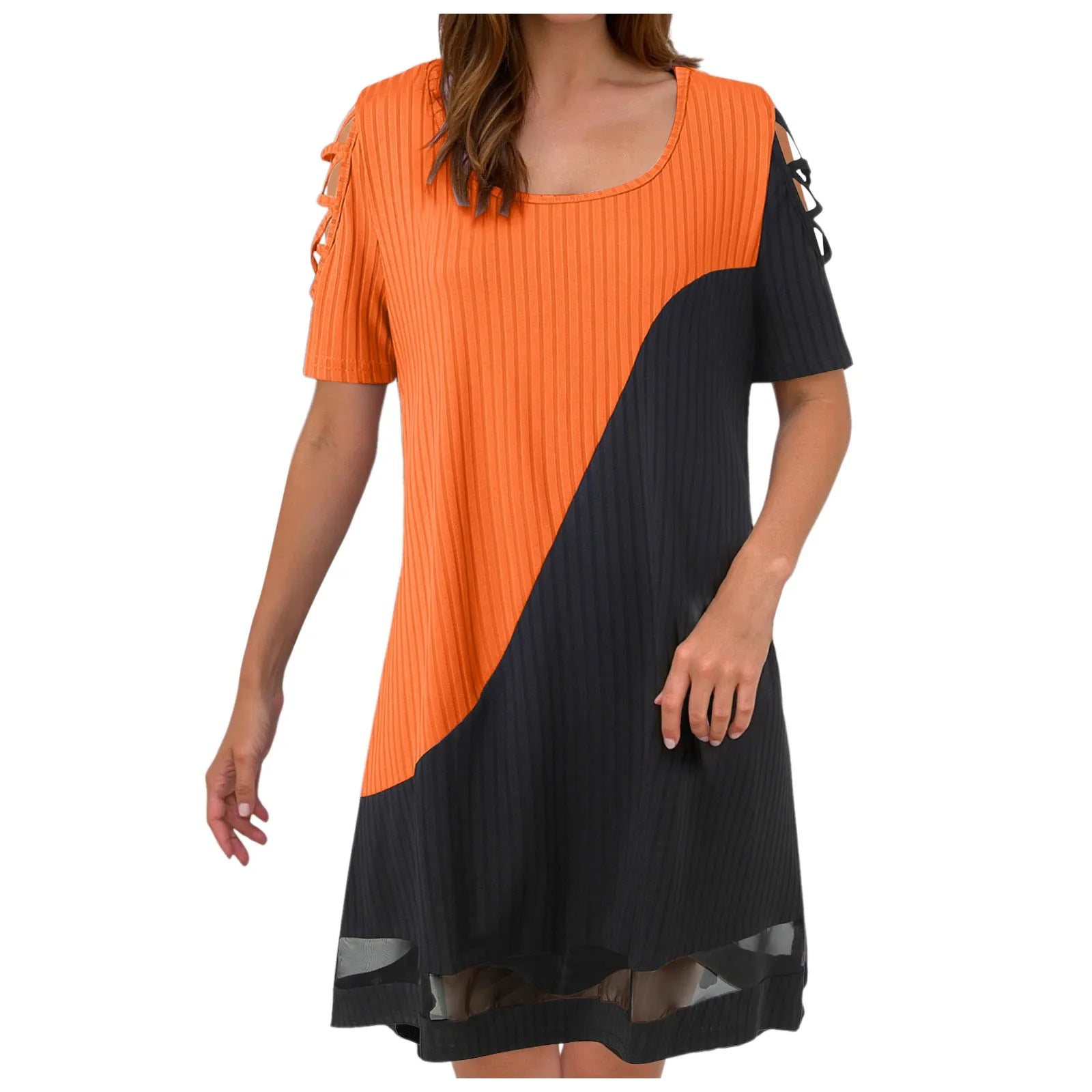 Dresses For Small Women Ladies Temperament Color Blocked Hollow Mesh Mesh Contrasting Formal Dresses For Women Short Length