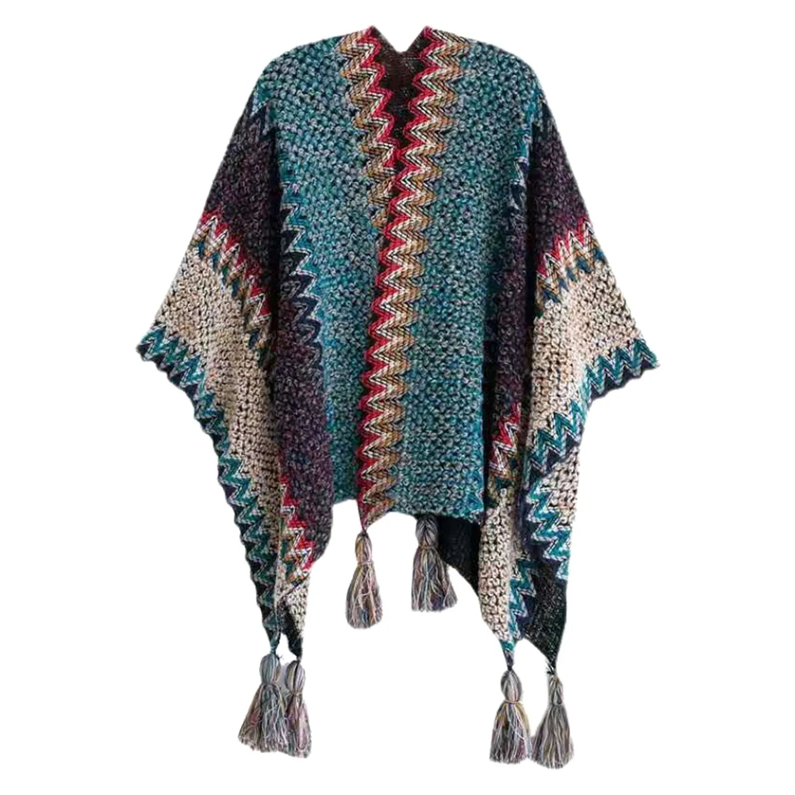 Multifunction Blanket Scarf Wrap Shawl Winter Warm Ethnic Style Shawl Tassel Cardigan Colorful Loose Retro Style Knitted Cape