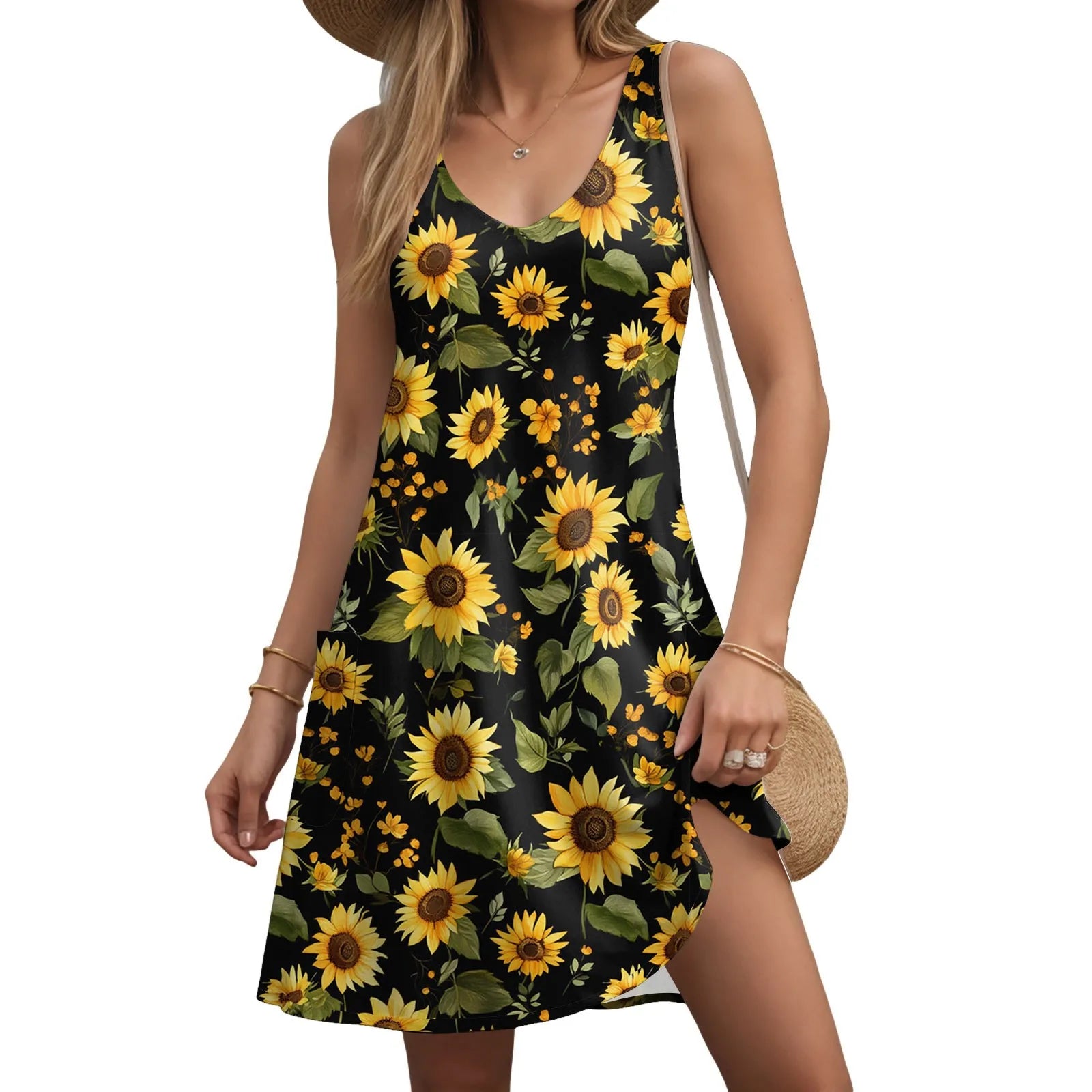 Hot Floral Printed Cute Dresses For Women Loose V Neck Sleeveless Sundress Summer New Holiday Beach Elegant Dress платье женское