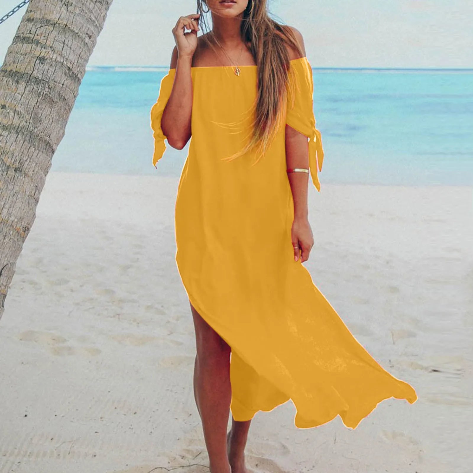 Women Off Shoulder Knotted Short Sleeved Dress For Women Elegant Sexy Clothing Off Shoulder High Slit Short Sleeves Long Dresses