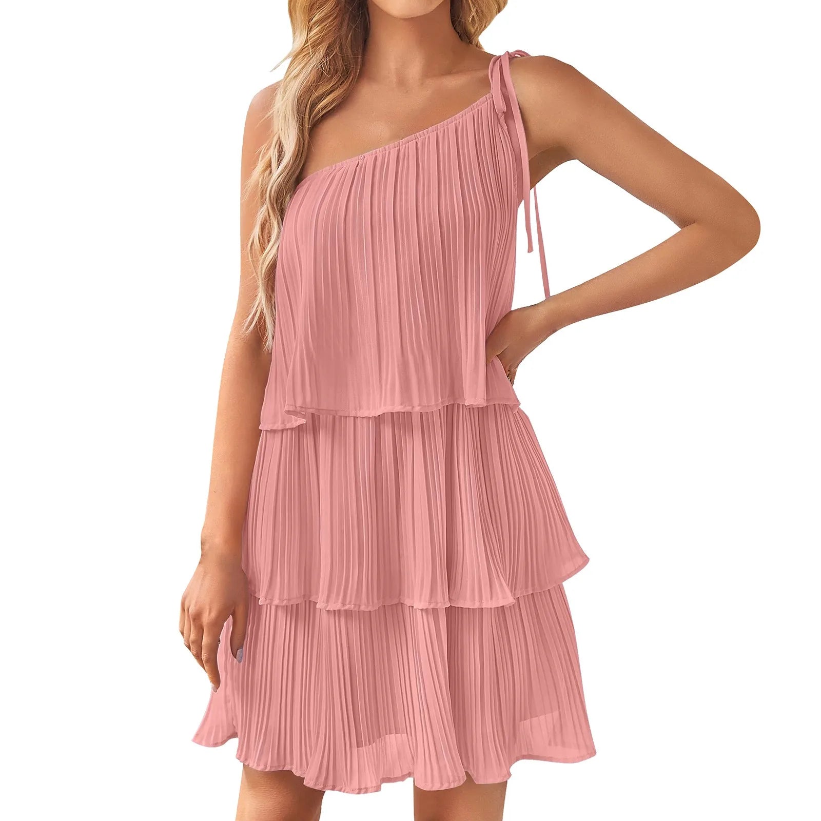 Boho Summer One Shoulder Mini Dresses Women Sleeveless Ruffle Tiered Layered Sundress Chiffon Pleated A Line Flowy Dress платье