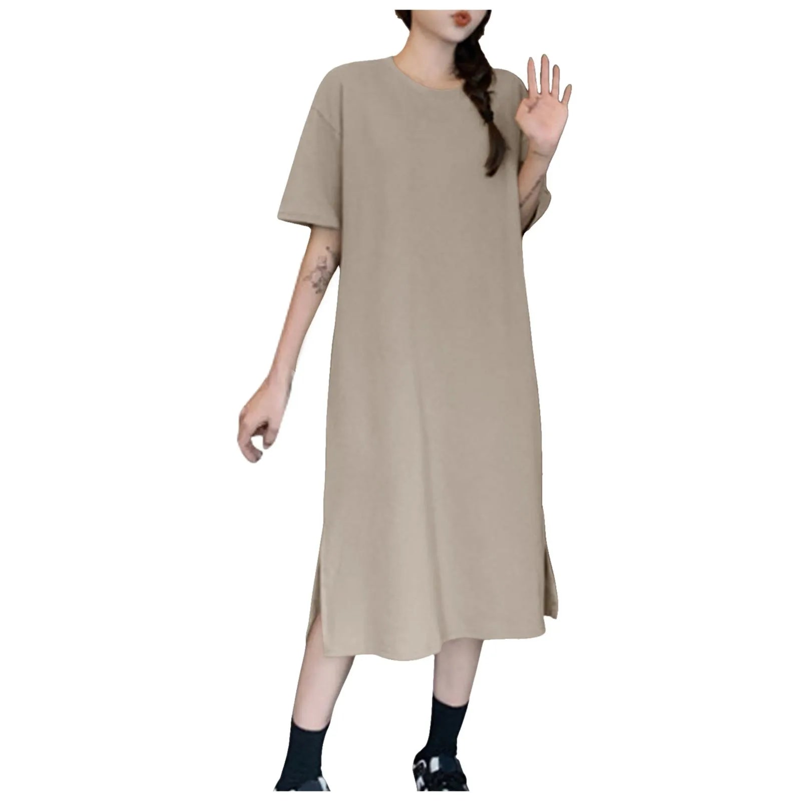 Summer New Loose Solid Color Dress Large Size Short Sleeved Casual Soft Dresses For Women Over The Knee Slit T Shirt Dress 원피스