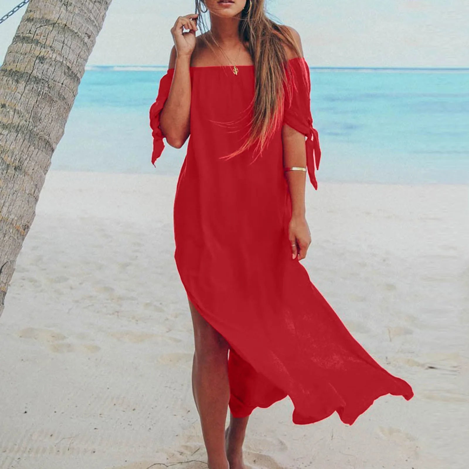 Women Off Shoulder Knotted Short Sleeved Dress For Women Elegant Sexy Clothing Off Shoulder High Slit Short Sleeves Long Dresses