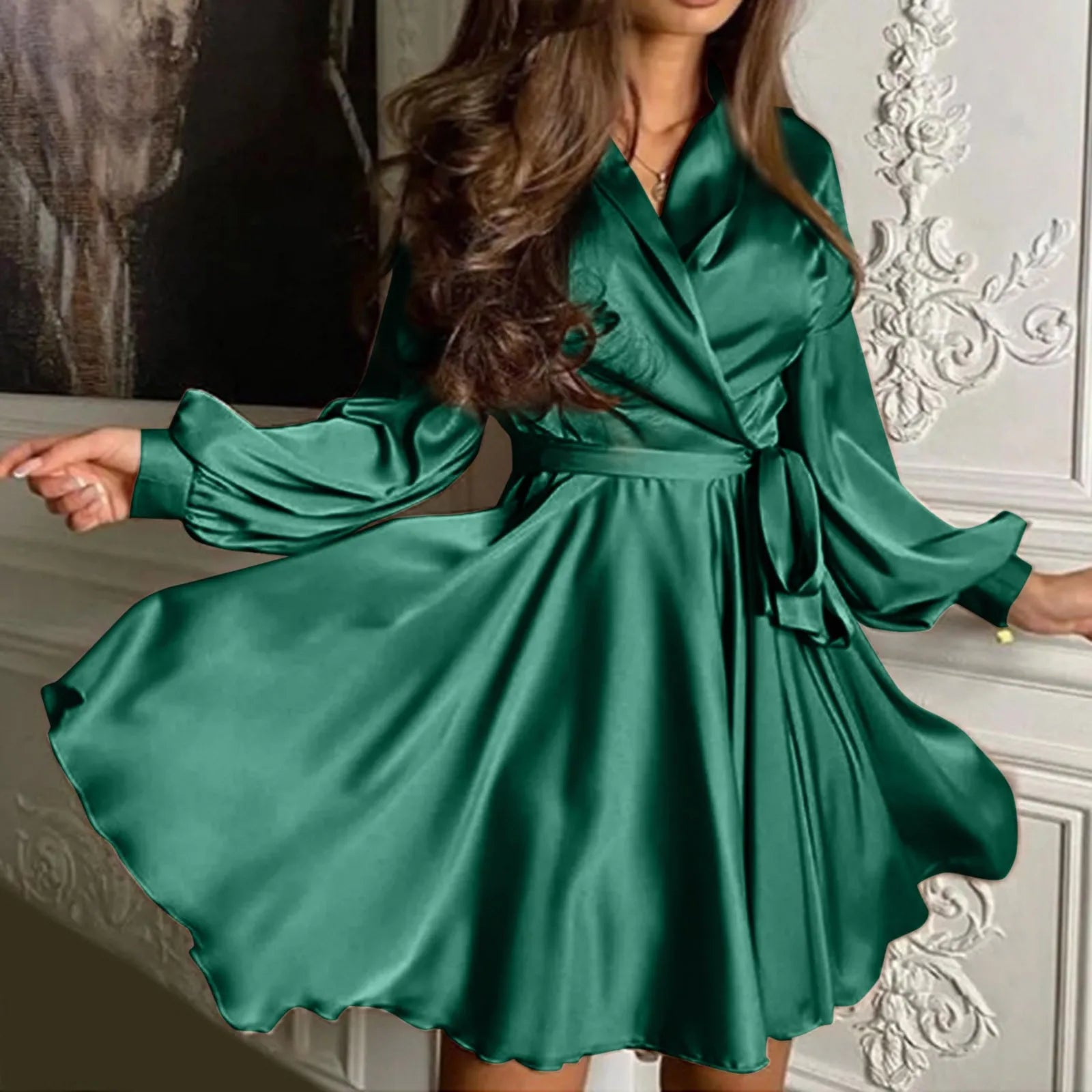 Summer Trend Split Birthday Party Clubwear Long Sleeves V Neck Casual Flowy Dress Solid Color Satin Mini Dresses Vestidos Cortos