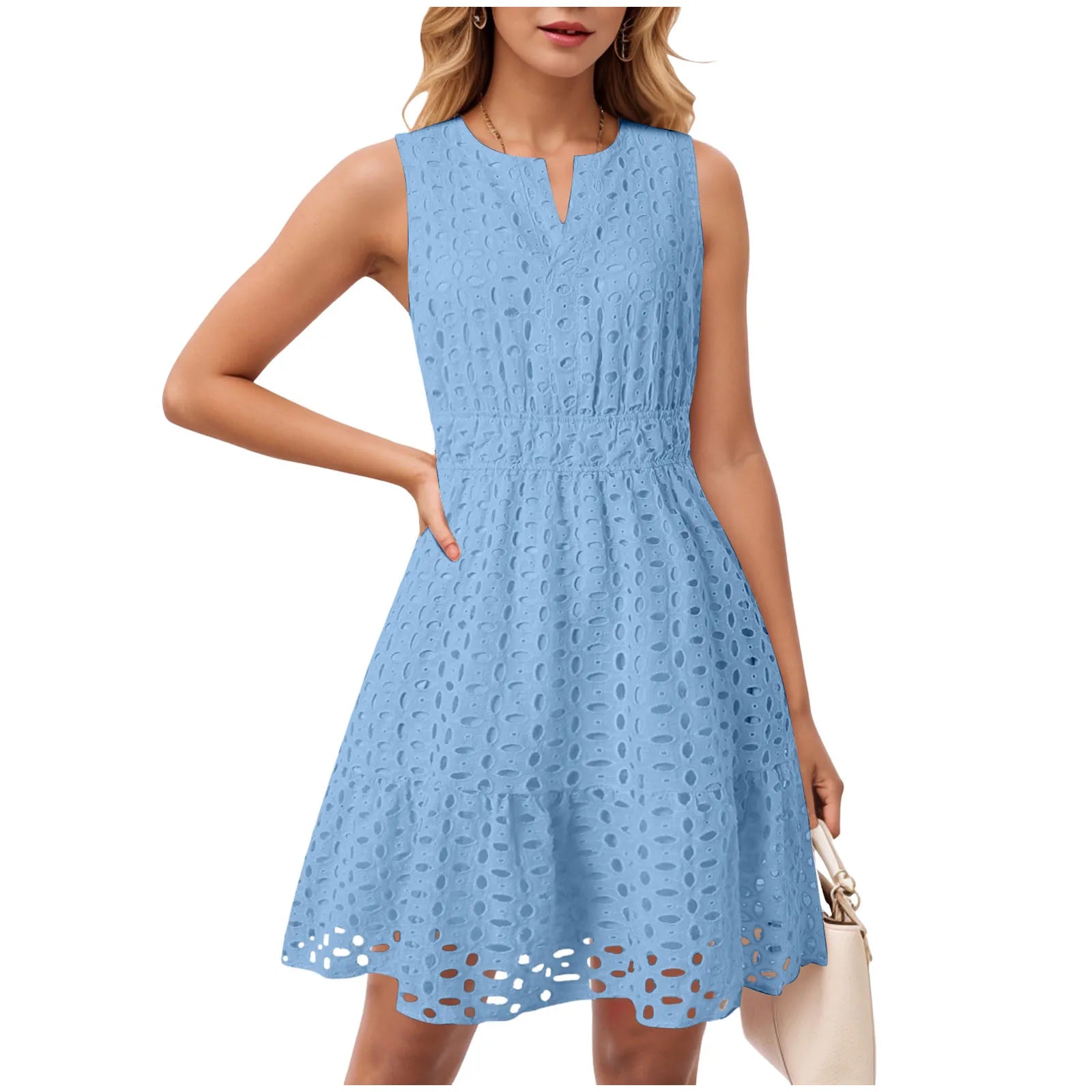 Dress Long Casual For Women Women Summer Sleeveless Dress V Neck Hollow Solid Color High Waist A Line Skirt New Years Outfits