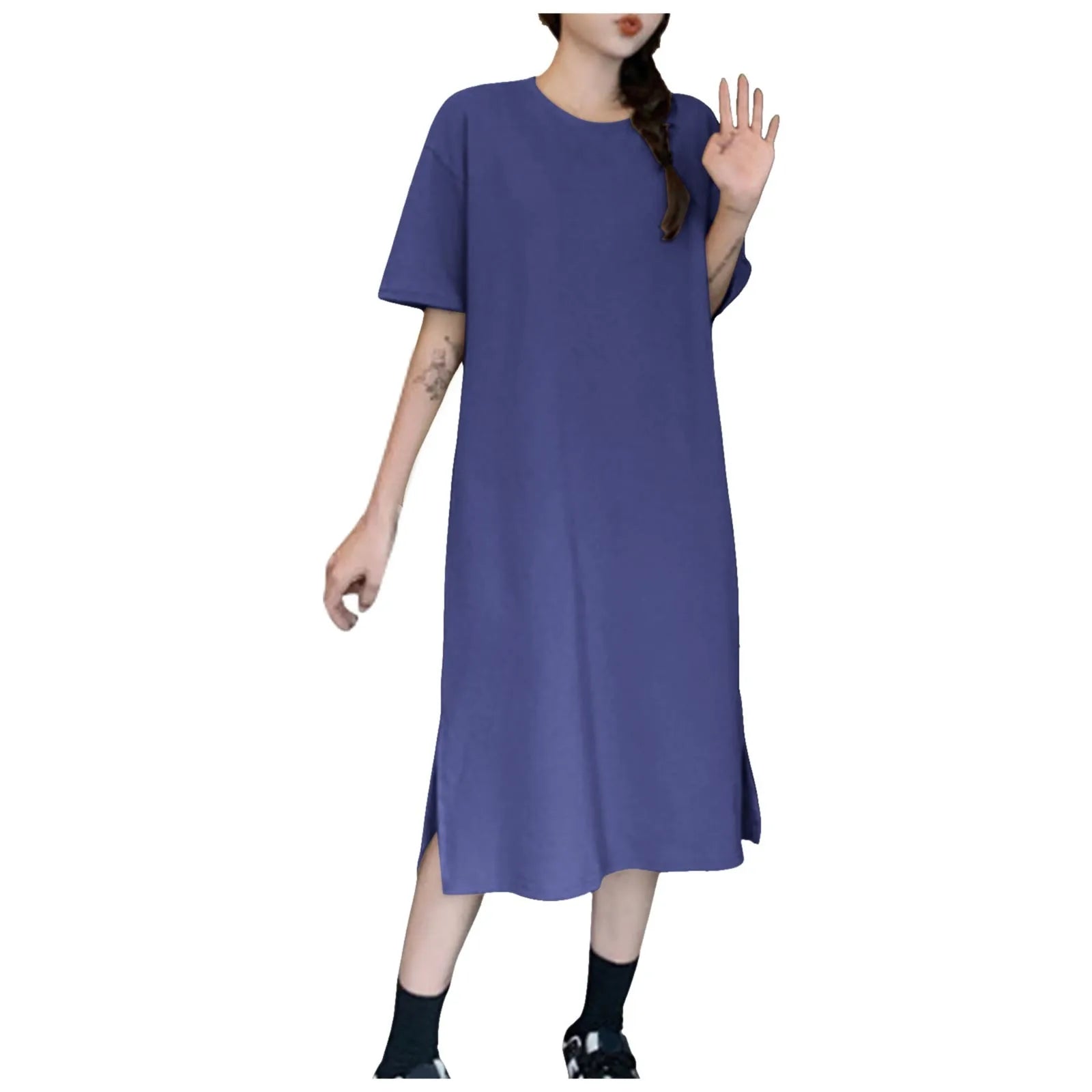 Summer New Loose Solid Color Dress Large Size Short Sleeved Casual Soft Dresses For Women Over The Knee Slit T Shirt Dress 원피스
