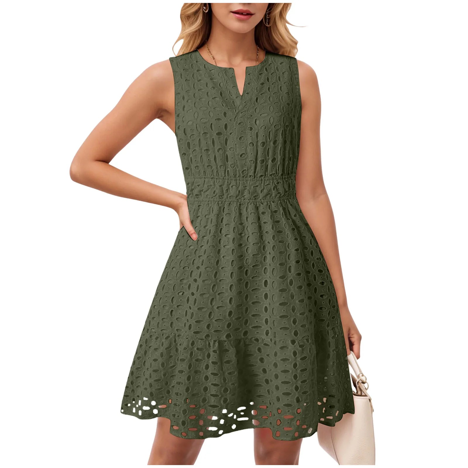 Dress Long Casual For Women Women Summer Sleeveless Dress V Neck Hollow Solid Color High Waist A Line Skirt New Years Outfits
