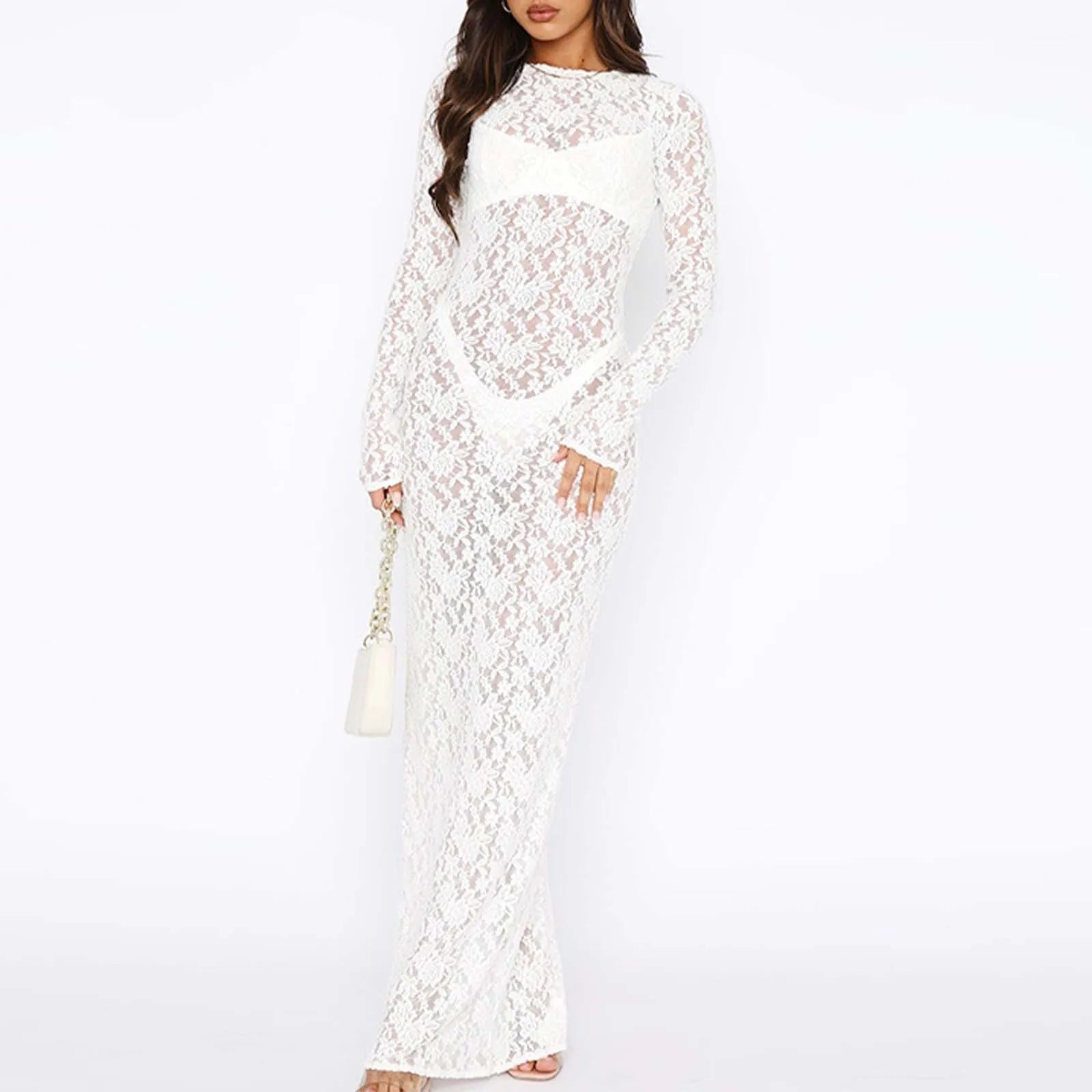 Translucent Floral Lace Fashion Dress Sexy Trend Splicing Long Sleeved Bag Hip Dresses 2025 Explosive Summer New Dress Vestidos