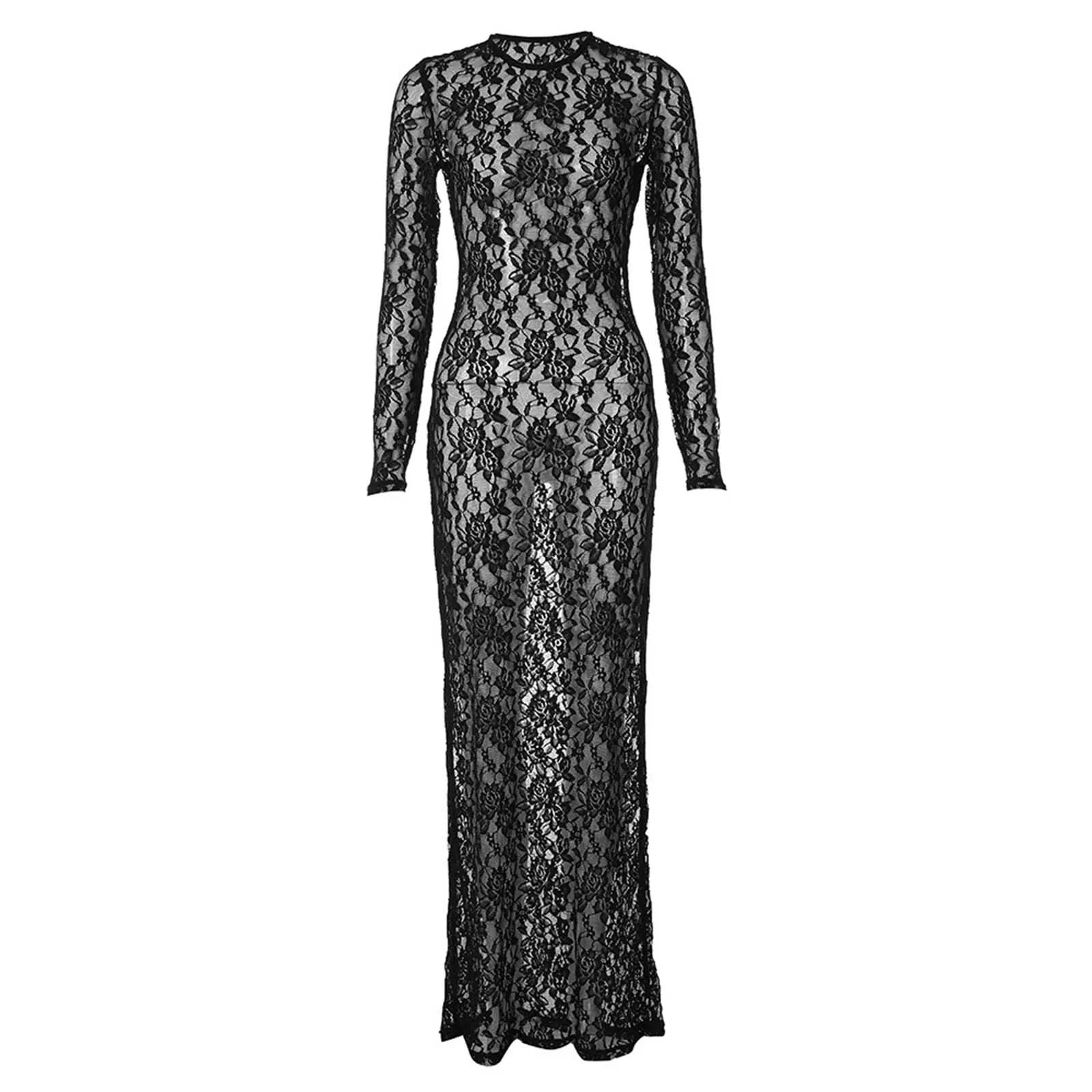 Translucent Floral Lace Fashion Dress Sexy Trend Splicing Long Sleeved Bag Hip Dresses 2025 Explosive Summer New Dress Vestidos