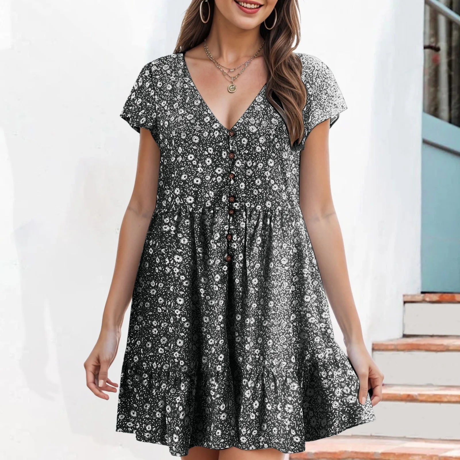 Summer Korean New Small Floral Dress Casual V Neck Button Dress For Women Short Sleeved Loose T Shirt Dresses Vestidos De Fiesta
