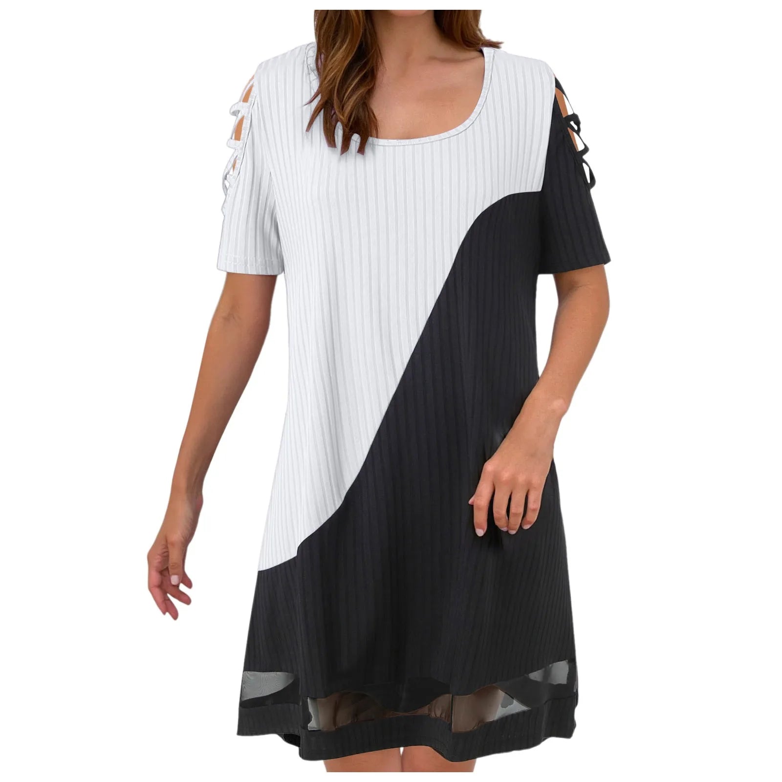 Dresses For Small Women Ladies Temperament Color Blocked Hollow Mesh Mesh Contrasting Formal Dresses For Women Short Length