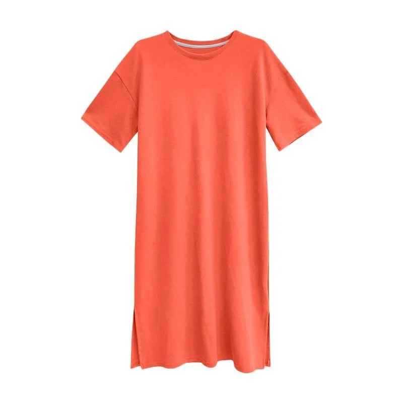 Summer New Loose Solid Color Dress Large Size Short Sleeved Casual Soft Dresses For Women Over The Knee Slit T Shirt Dress 원피스