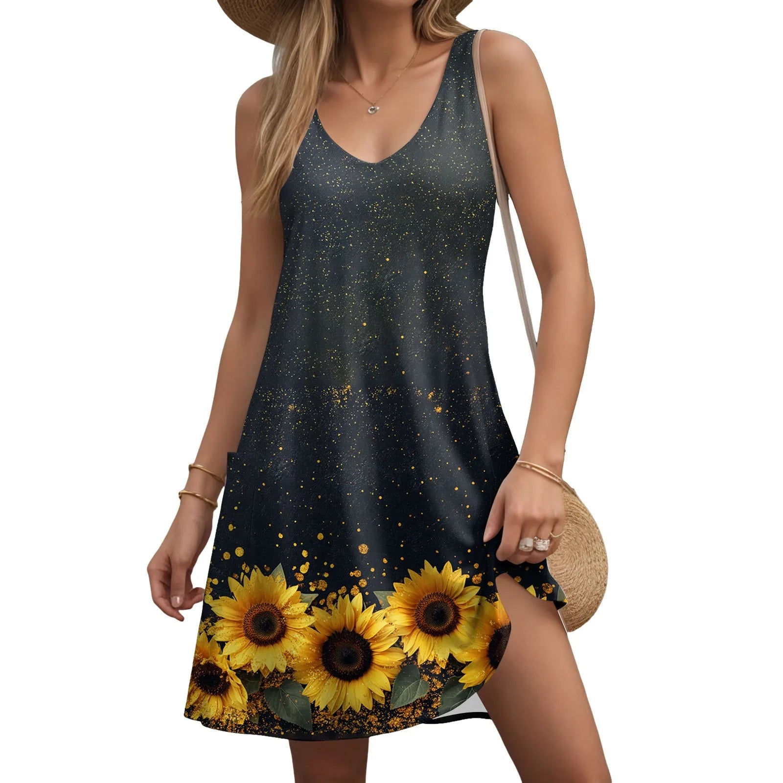 Hot Floral Printed Cute Dresses For Women Loose V Neck Sleeveless Sundress Summer New Holiday Beach Elegant Dress платье женское